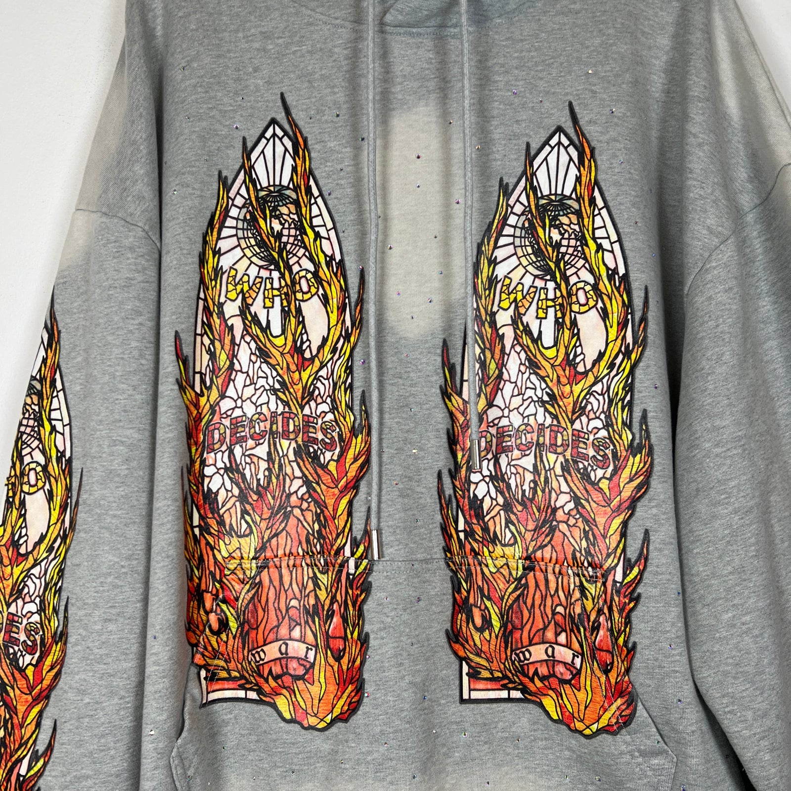 Who Decides War Grey Flame Glass Rhinestone Hoodie Size XL