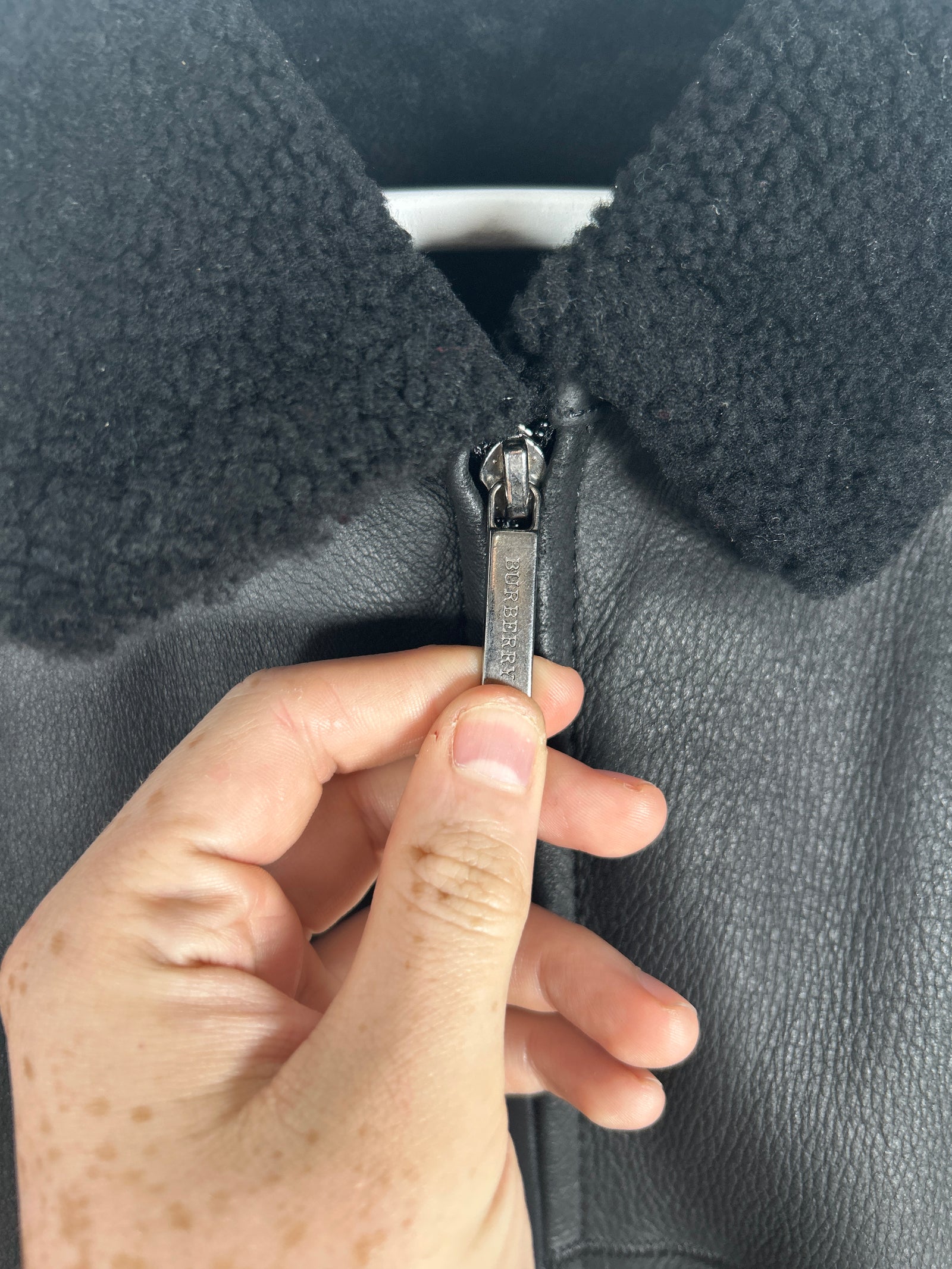 Burberry Black Sherling Leather Zip Up Jacket Size M