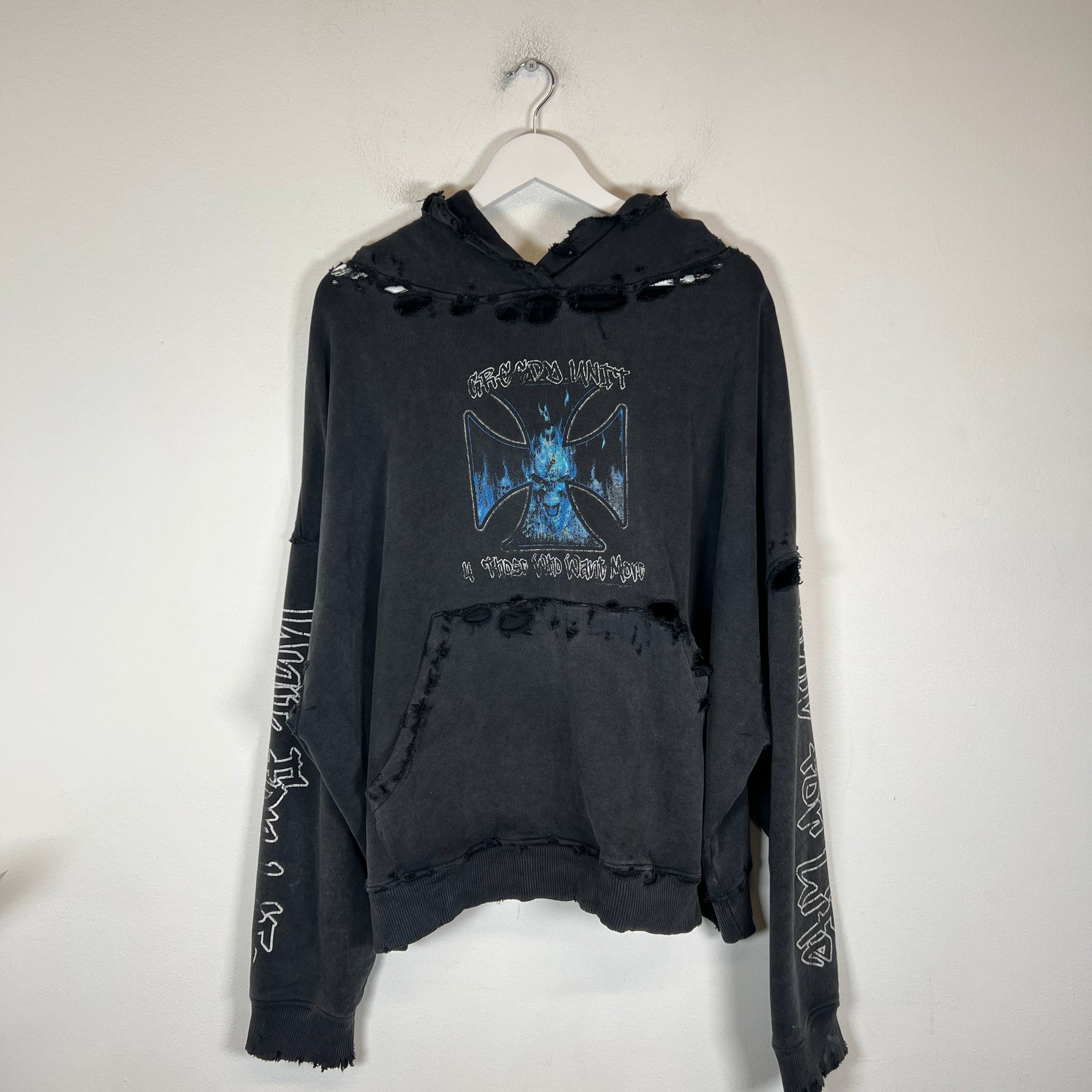 Greedy Unit Grey Choppers Distressed Hoodie Size S