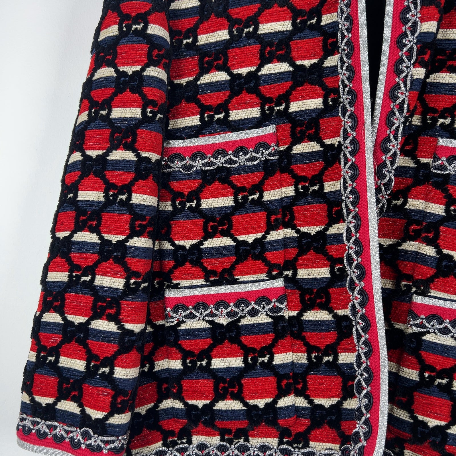 Gucci Flocked Tweed Cutting Jacket Red/Silver Size M
