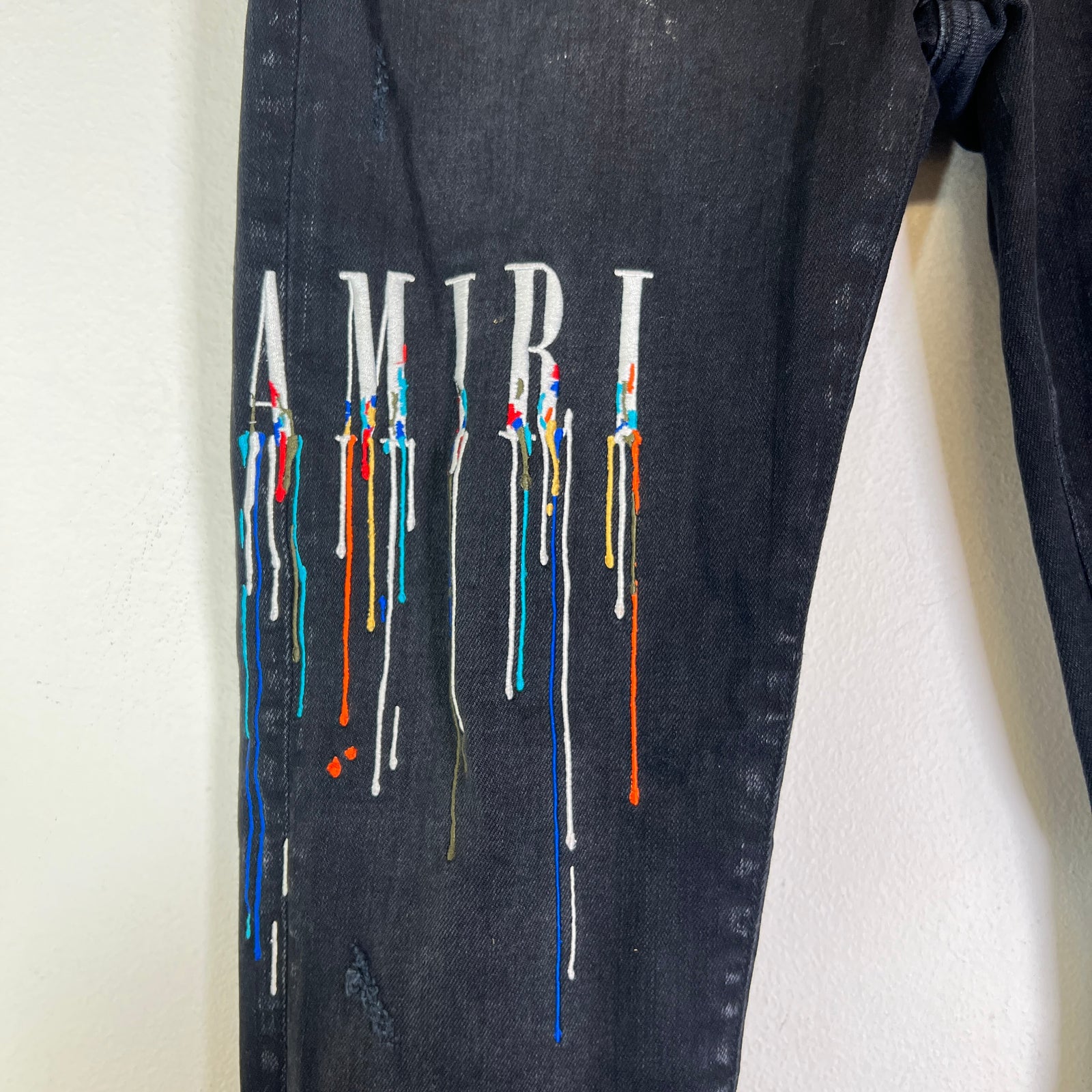 Amiri Black Paint Drip Logo Denim Jeans