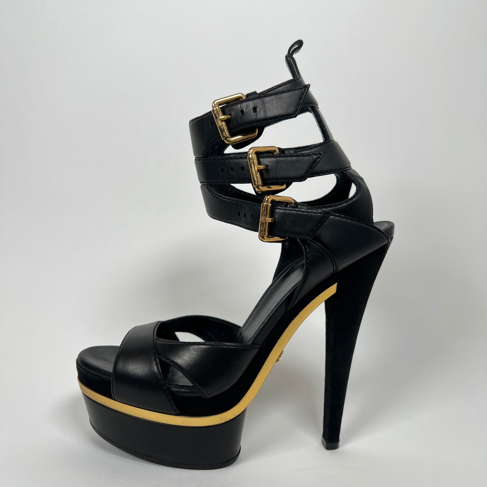 Gucci Black/Gold Lifford Platform Sandal Heels Size 38.5