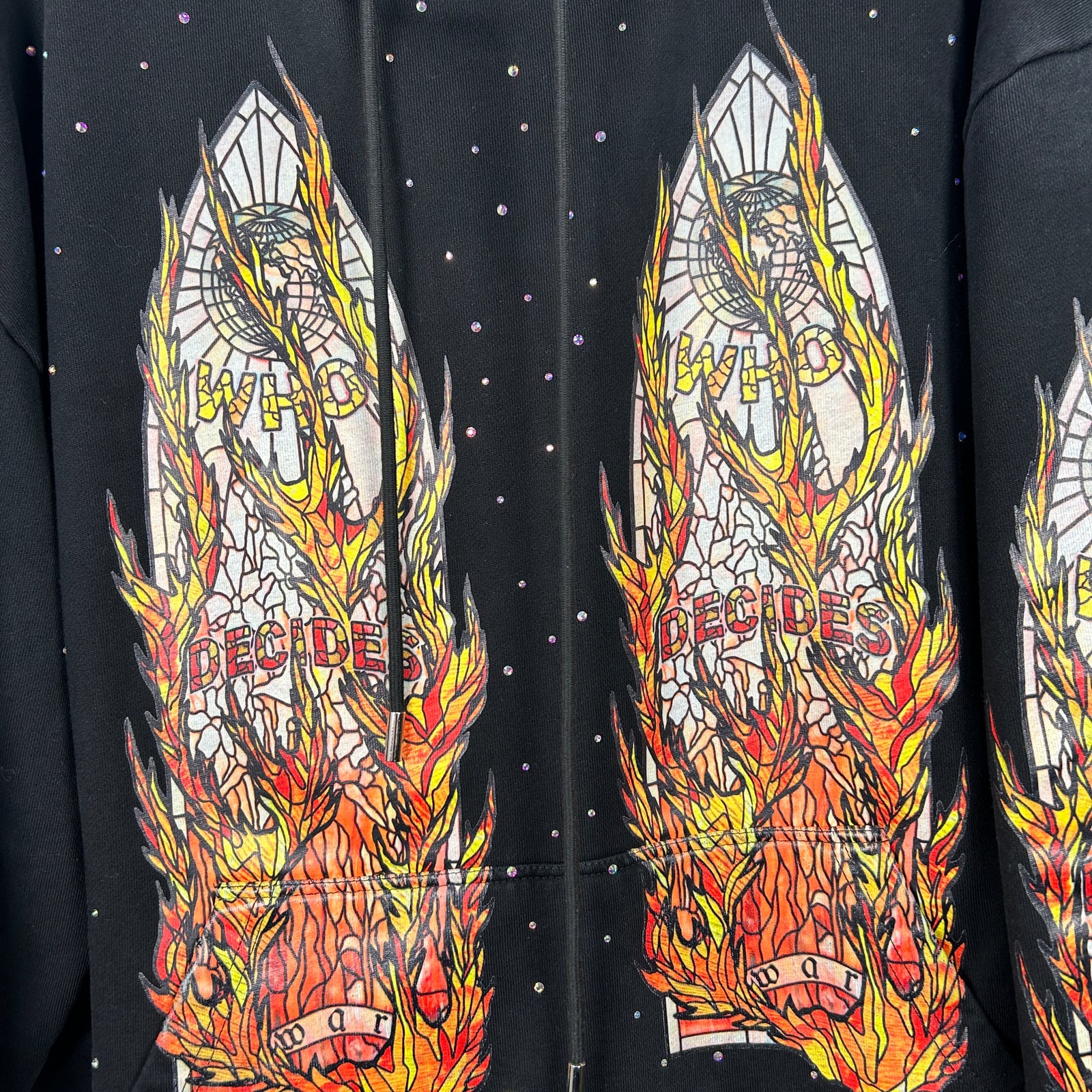 Who Decides War Flame Stained Glass Rhinestone Black Hoodie Size L