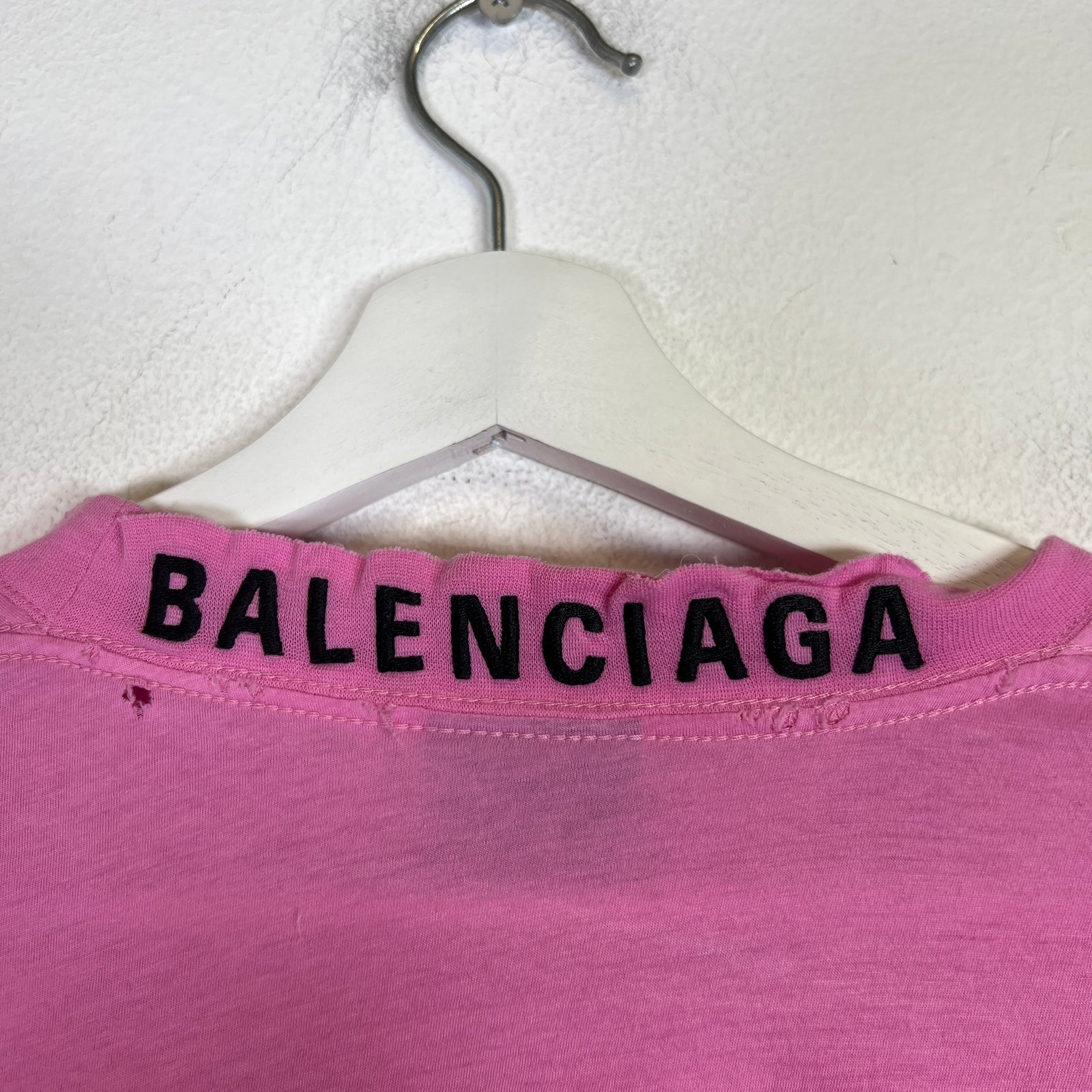 Balenciaga Pink Distressed Neck Logo T-Shirt Size XS