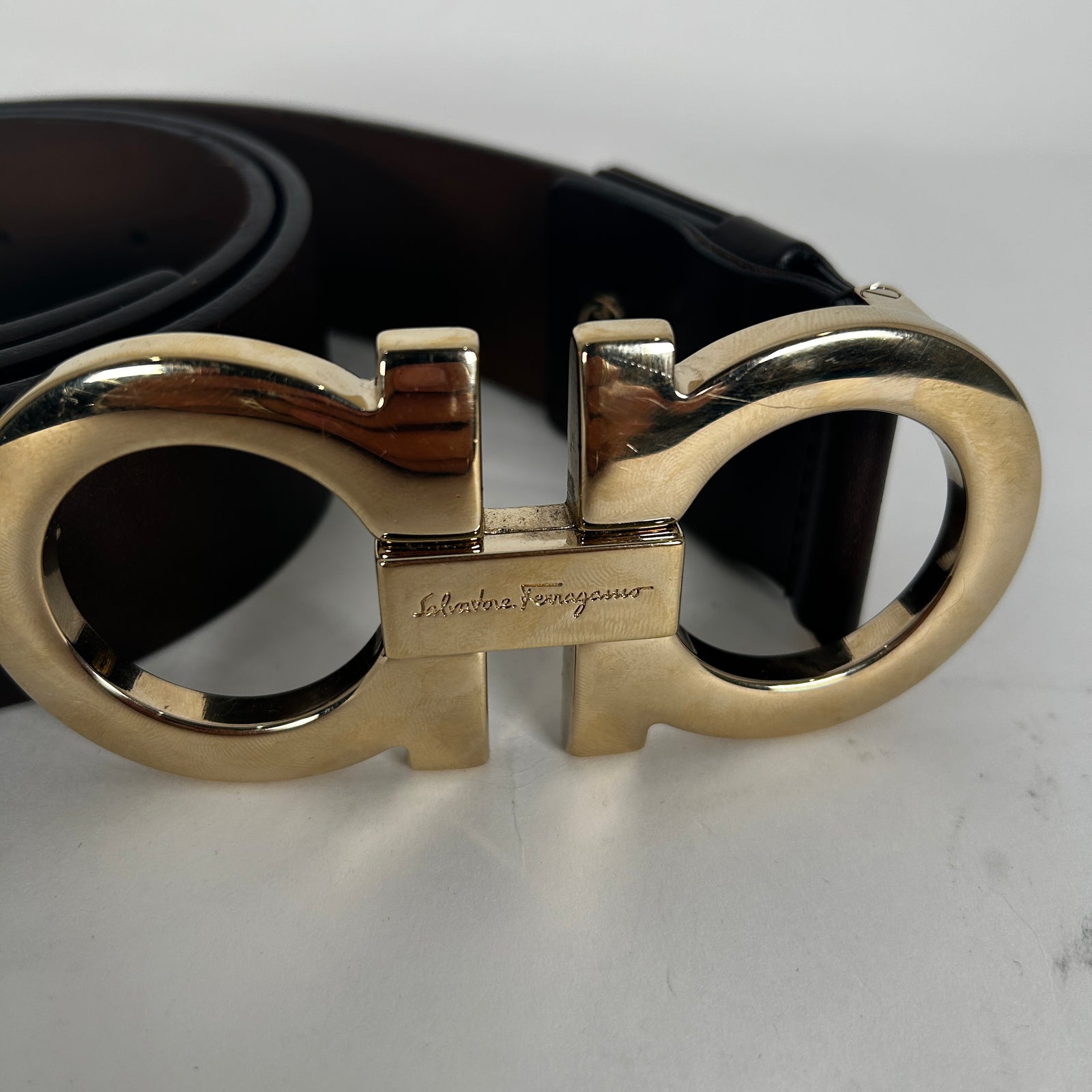 Salvatore Ferragamo Brown Leather Big Buckle Belt Size 32