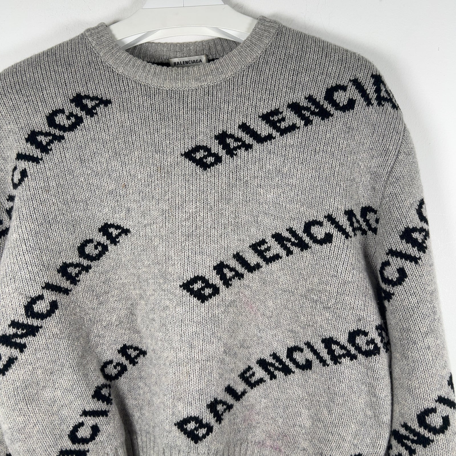 Balenciaga Wool Knit Grey All Over Logo Cropped Sweater Size M