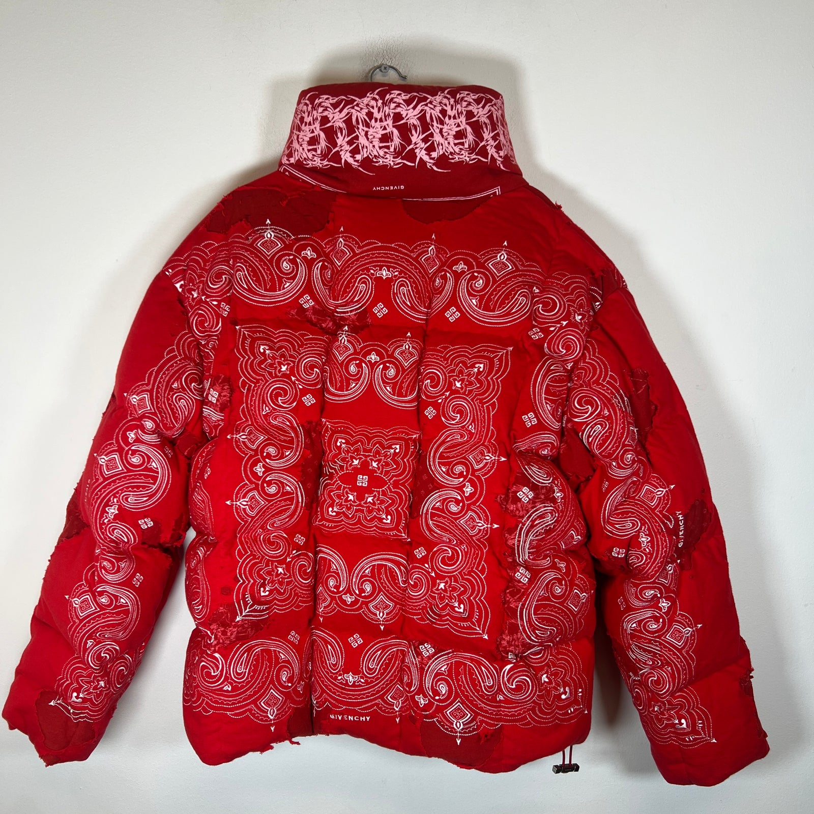 Givenchy Red Paisley Distressed Puffer Jacket Size 50