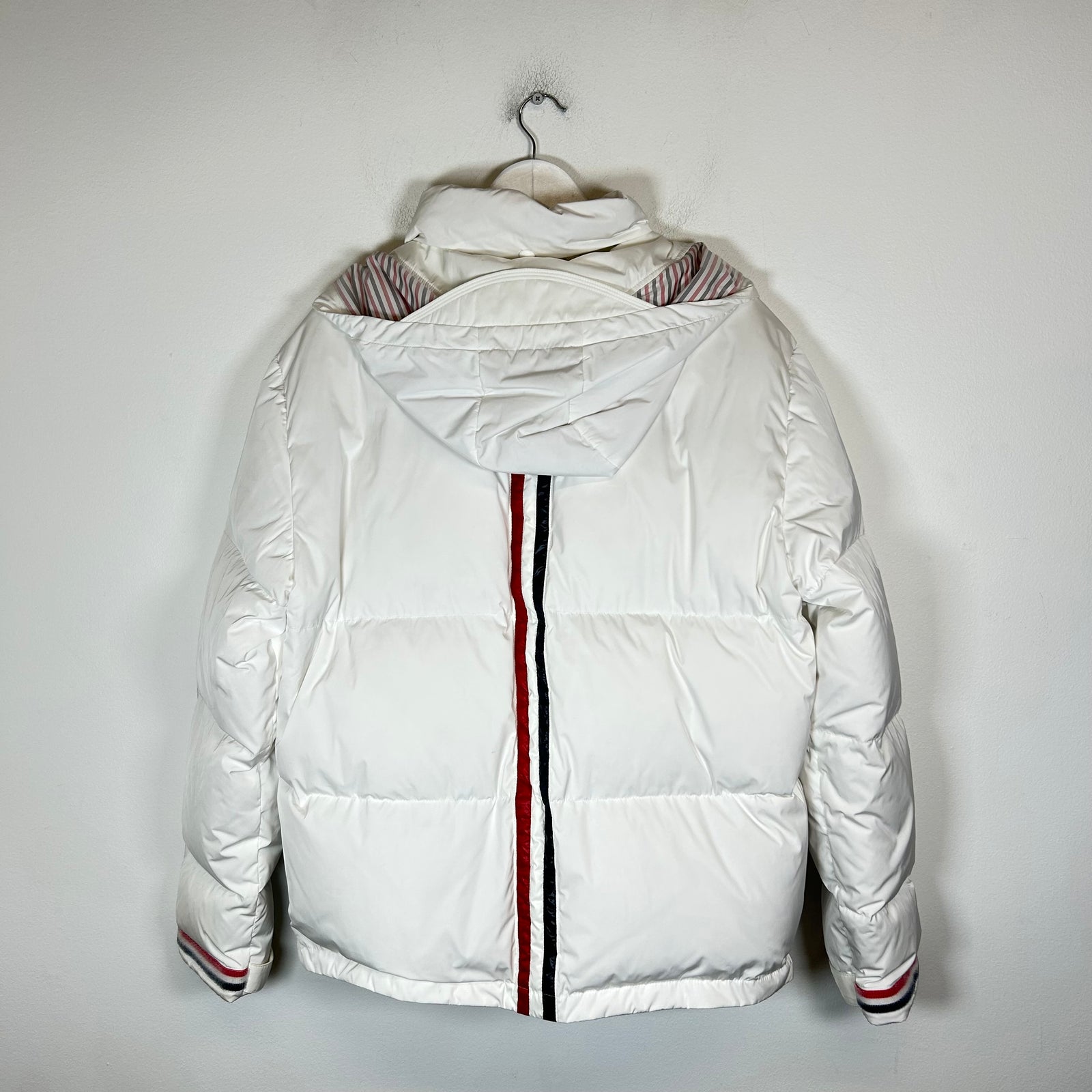 Thom Browne White Double Zip Back Stripe Down Puffer Jacket Size 4