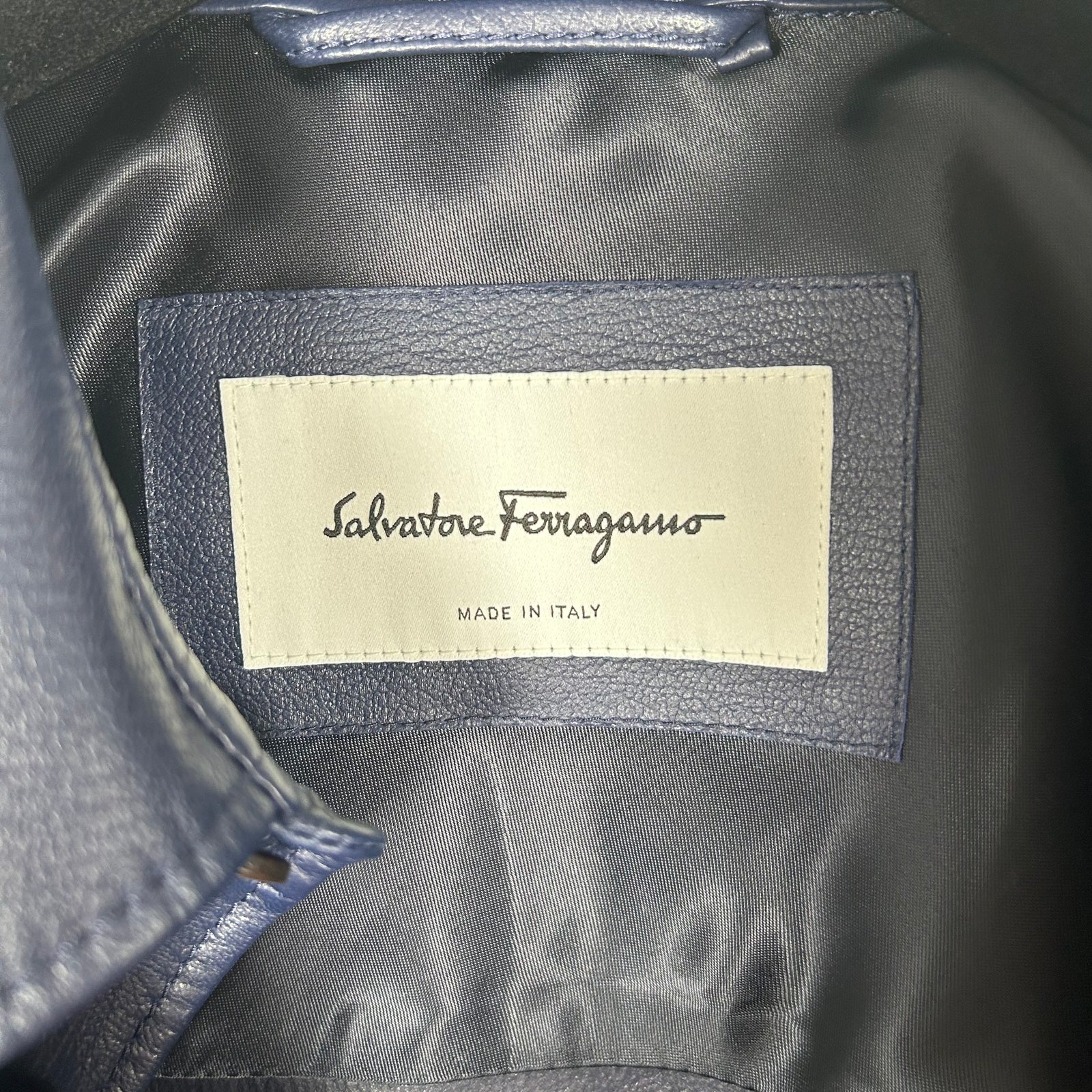 Salvatore Ferragamo Navy Leather Shirt Size 48
