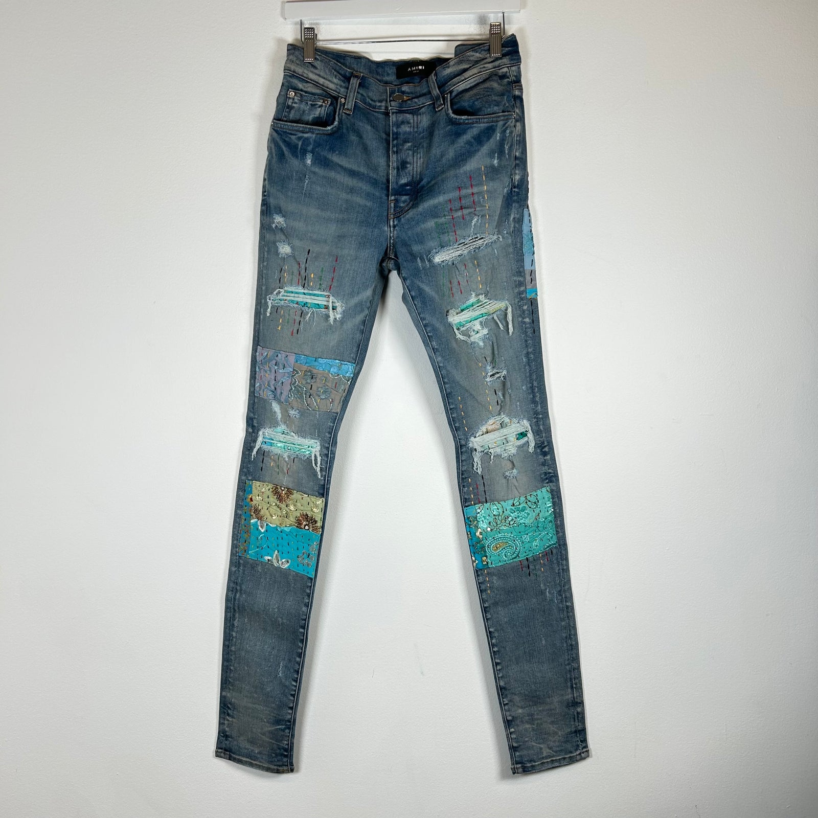 Amiri Lightwash Quilt Art Patch Jeans Size 31