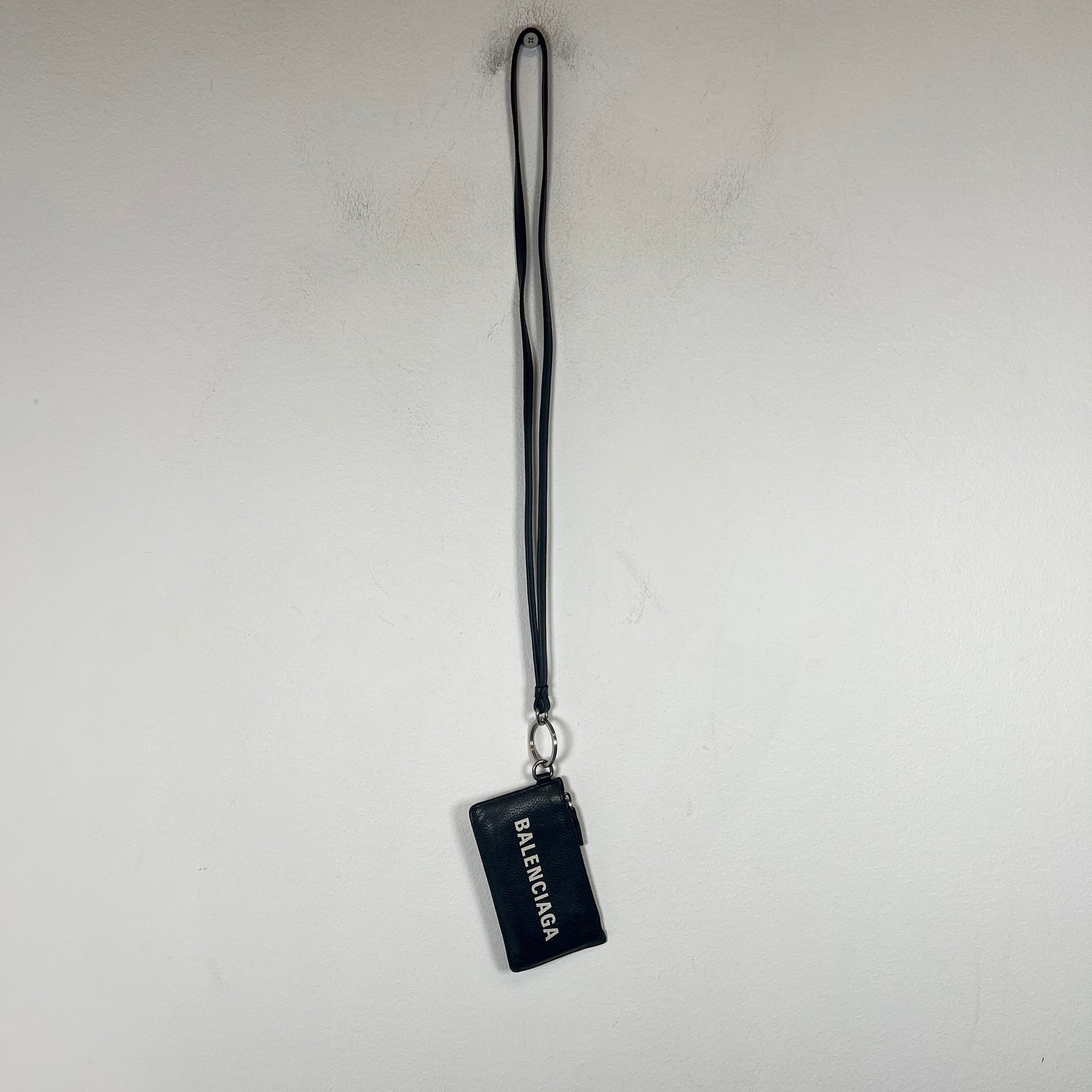 Balenciaga Black Leather Card Holder Lanyard