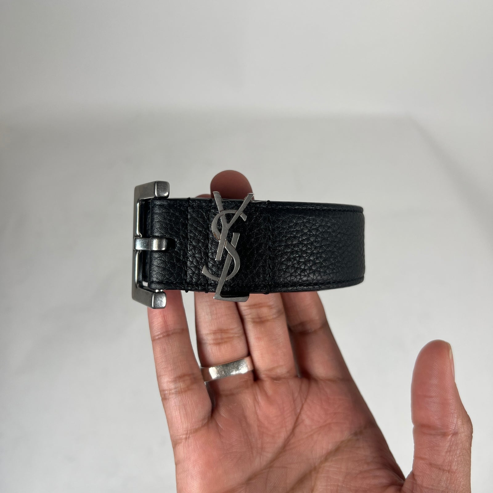Saint Laurent Black YSL Logo Grained Leather 1 Inch Belt Size 100