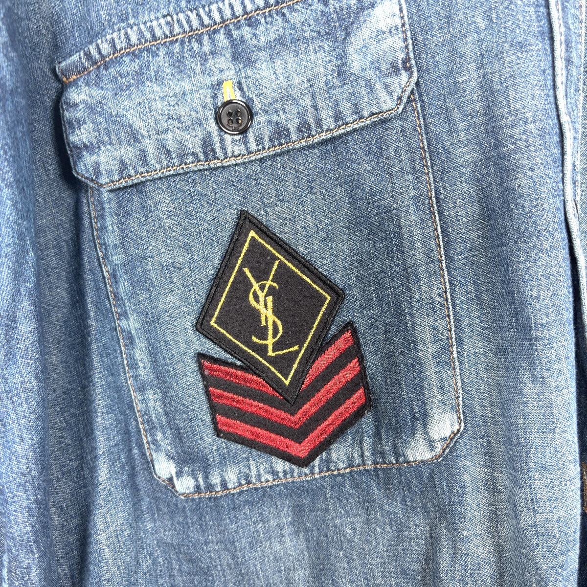 Saint Laurent FW17 Military Logo Patch Denim Button-Up T-Shirt