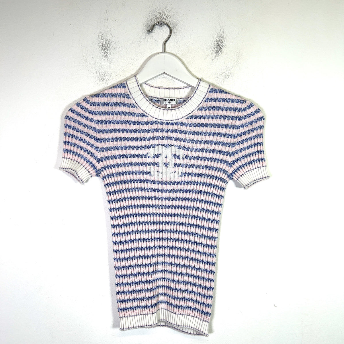 Chanel 2020 Striped Ribbed Knit Interlocking CC Top
