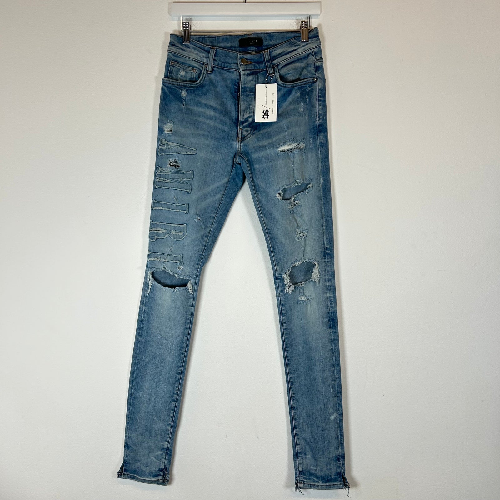 Amiri Light Blue Thrashed Spell Out Size 30