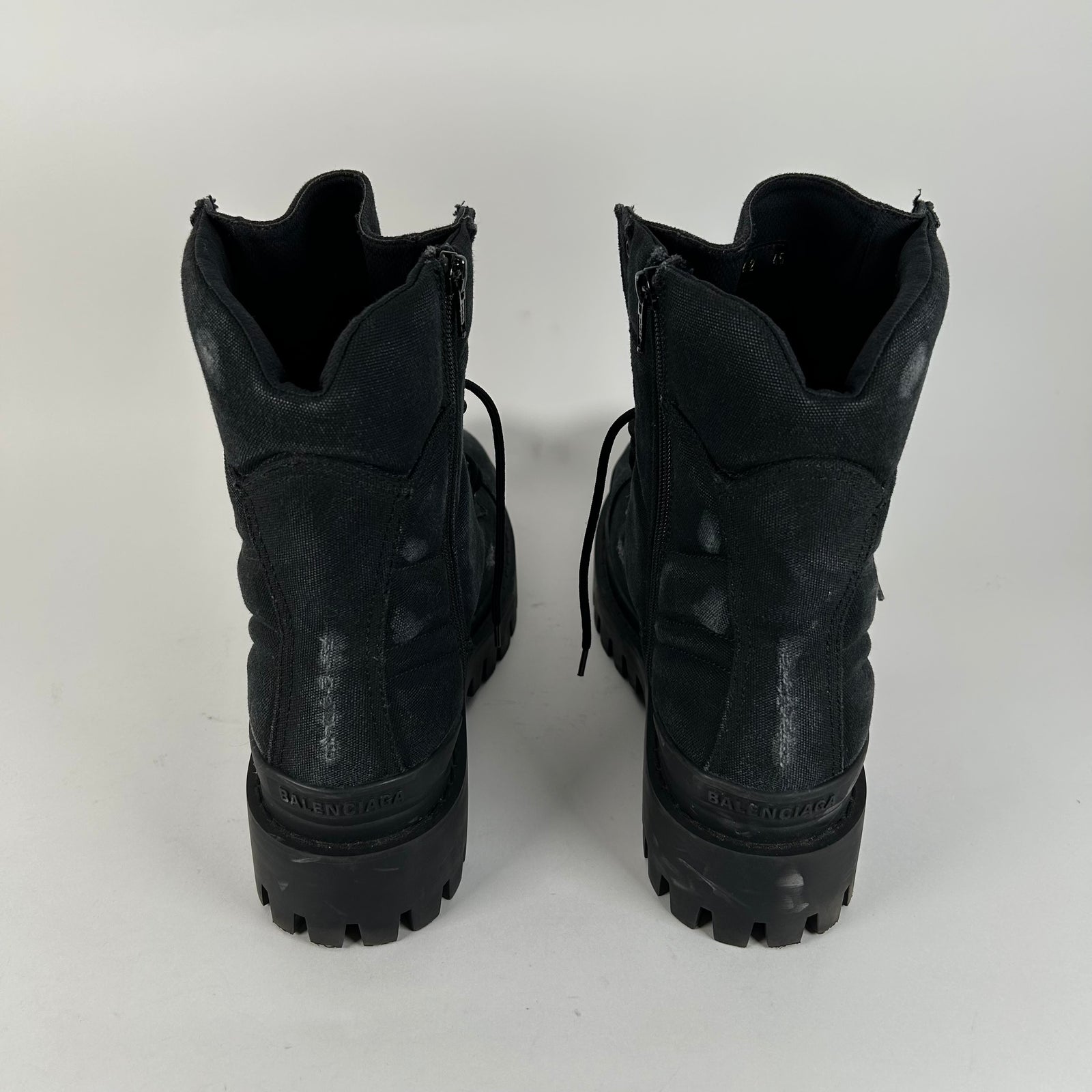 Balenciaga Black Distressed Canvas Strike Boots Size 45