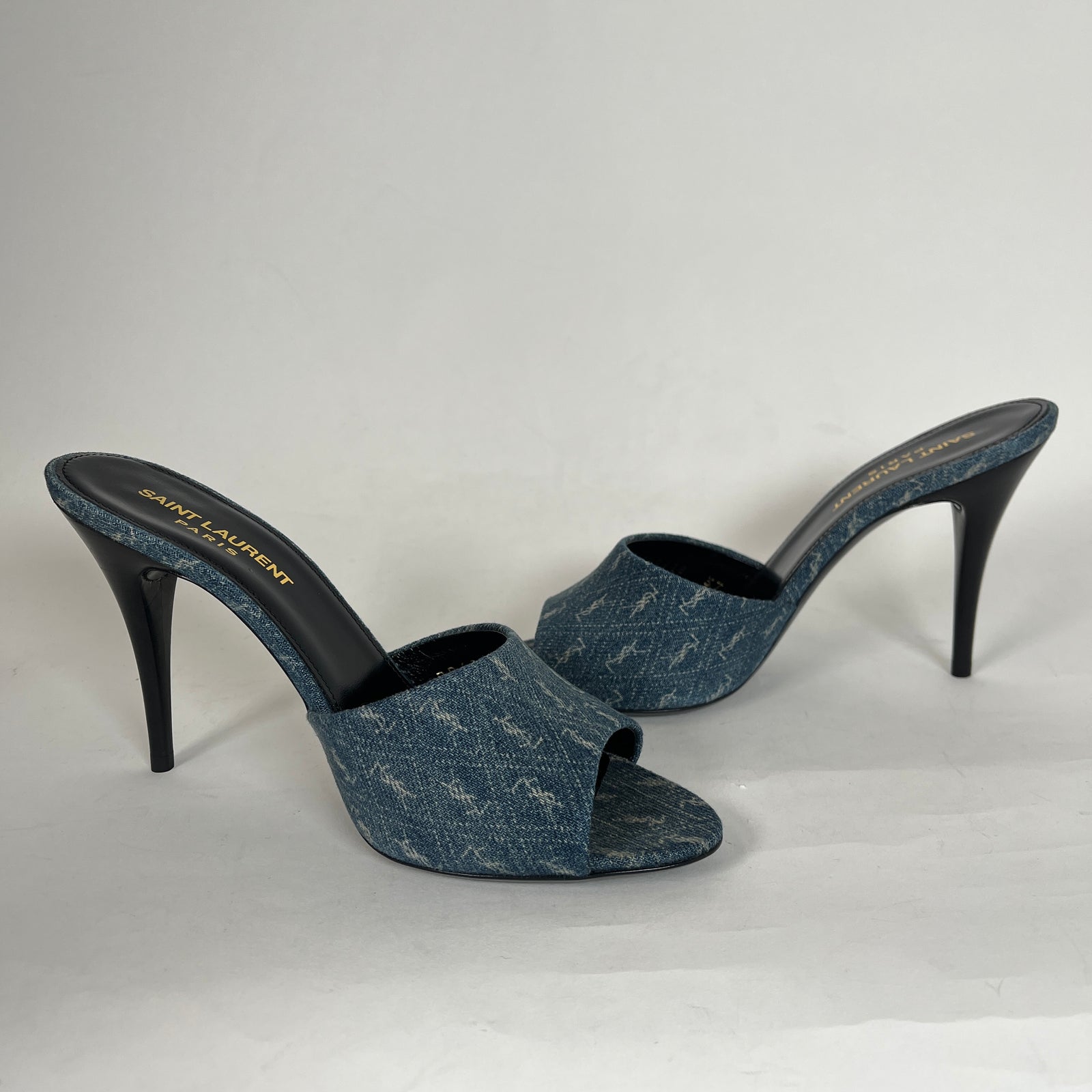 Saint Laurent La 16 Denim Logo Heels Size 37