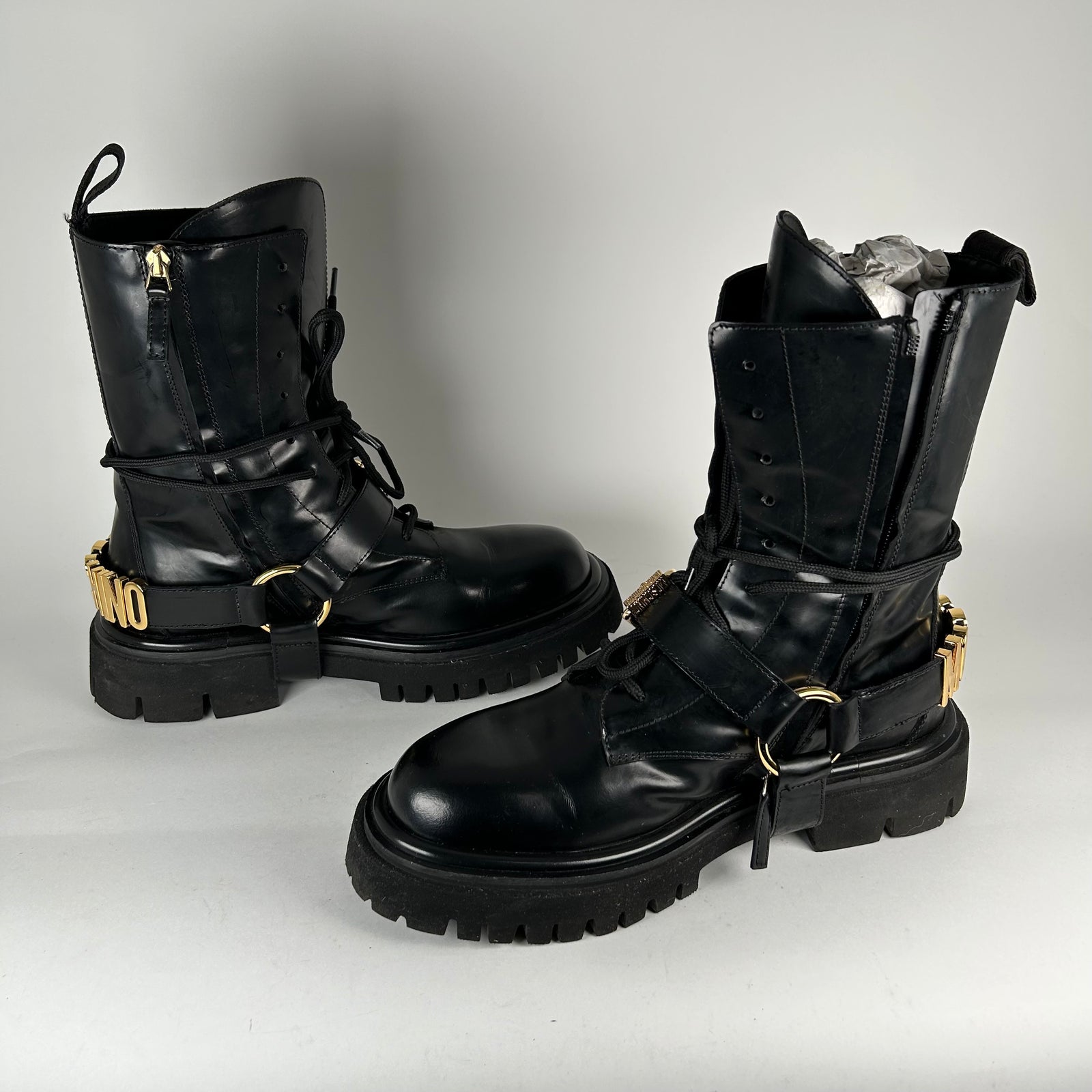 Moschino Logo Harnes Lug Sole Combat Boots Size 42