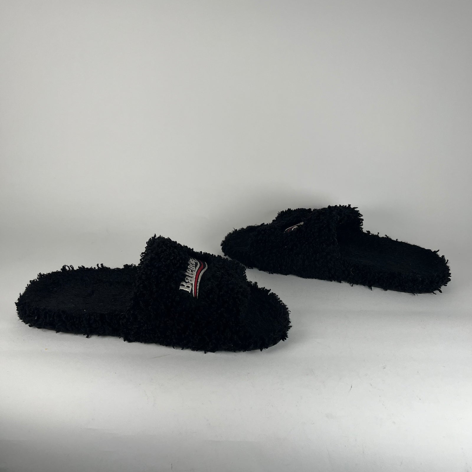 Balenciaga Black Campaign Logo Fur Slides Size 11