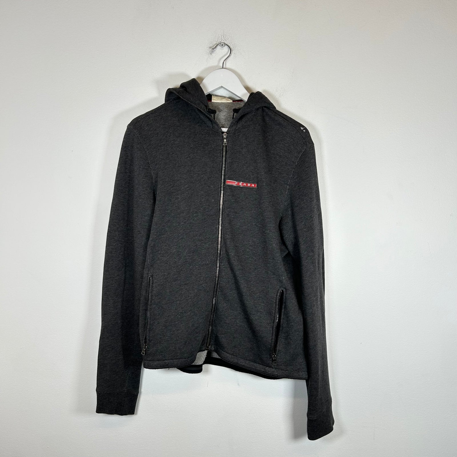 Prada Grey/Red Logo Zip Up Hoodie Size M