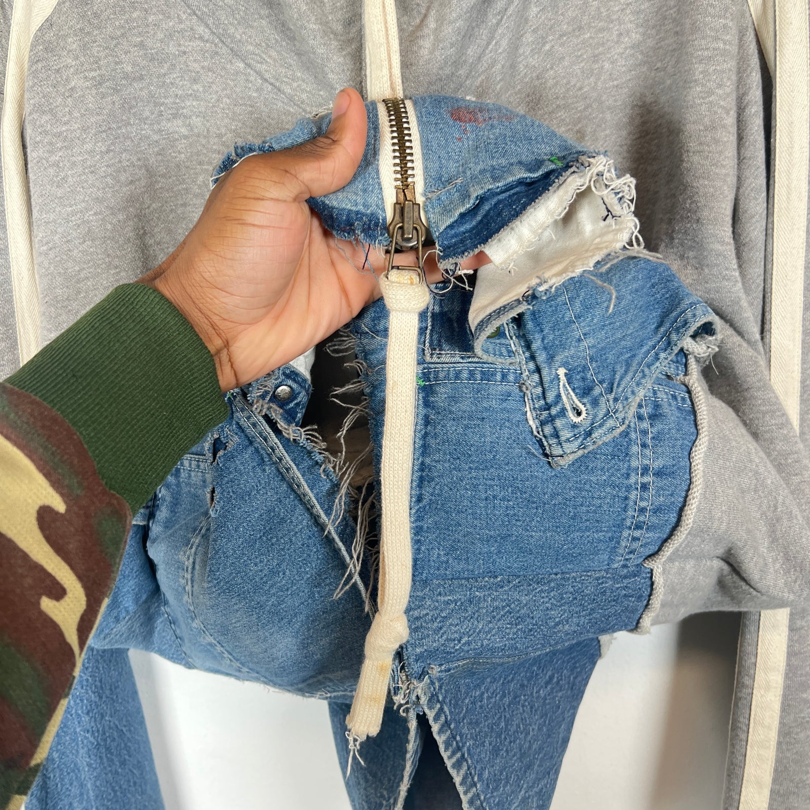 Greg Lauren Grey Striped 50/50 Zip-Up Hoodie Size 3