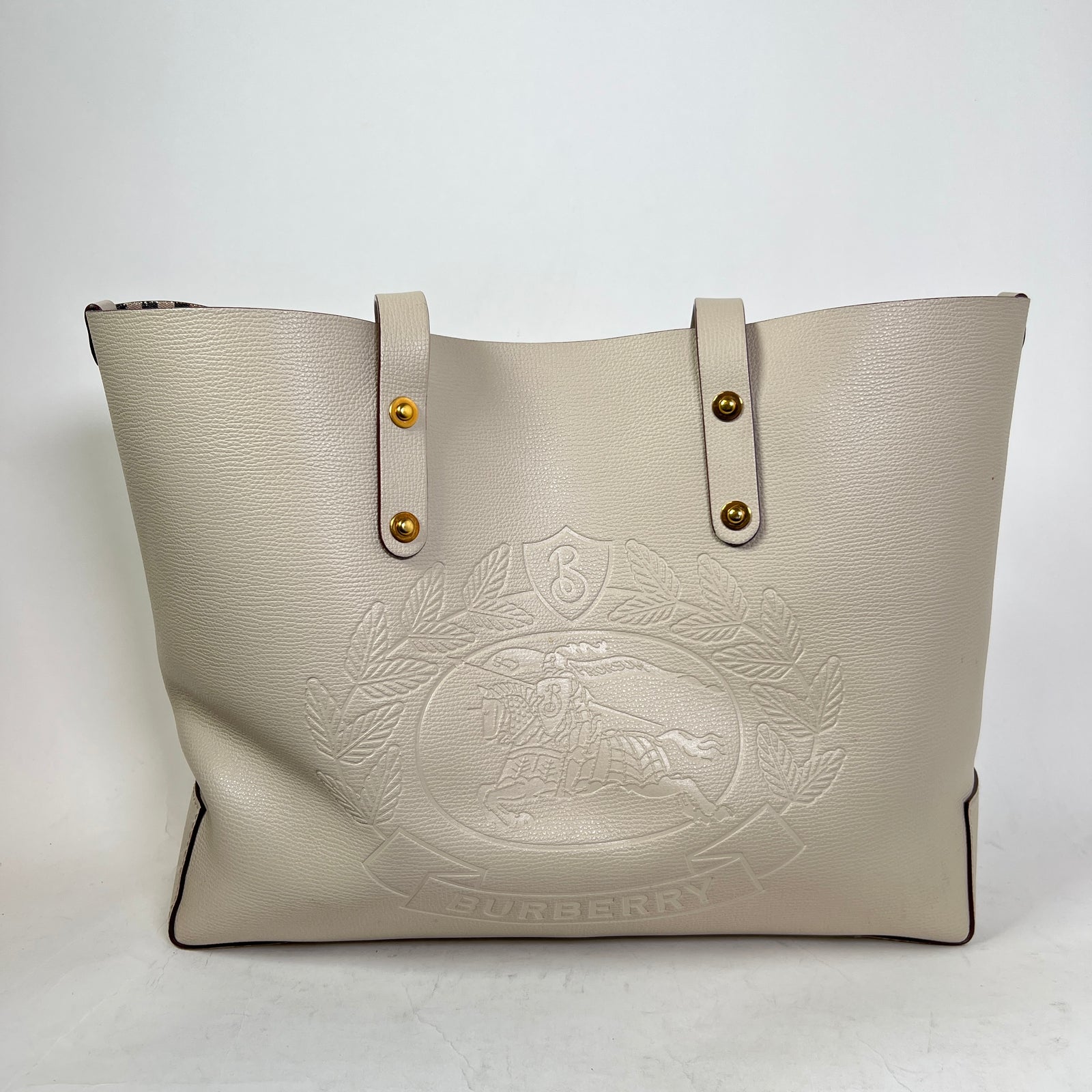Burberry Tan Calfskin Crest Embossed Small Tote Bag