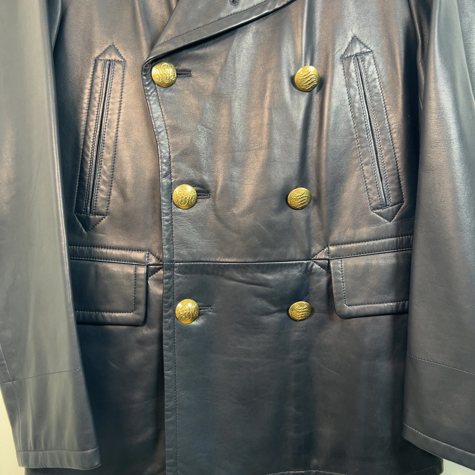 Ralph Lauren Purple Label Navy Leather Blazer Jacket Size S