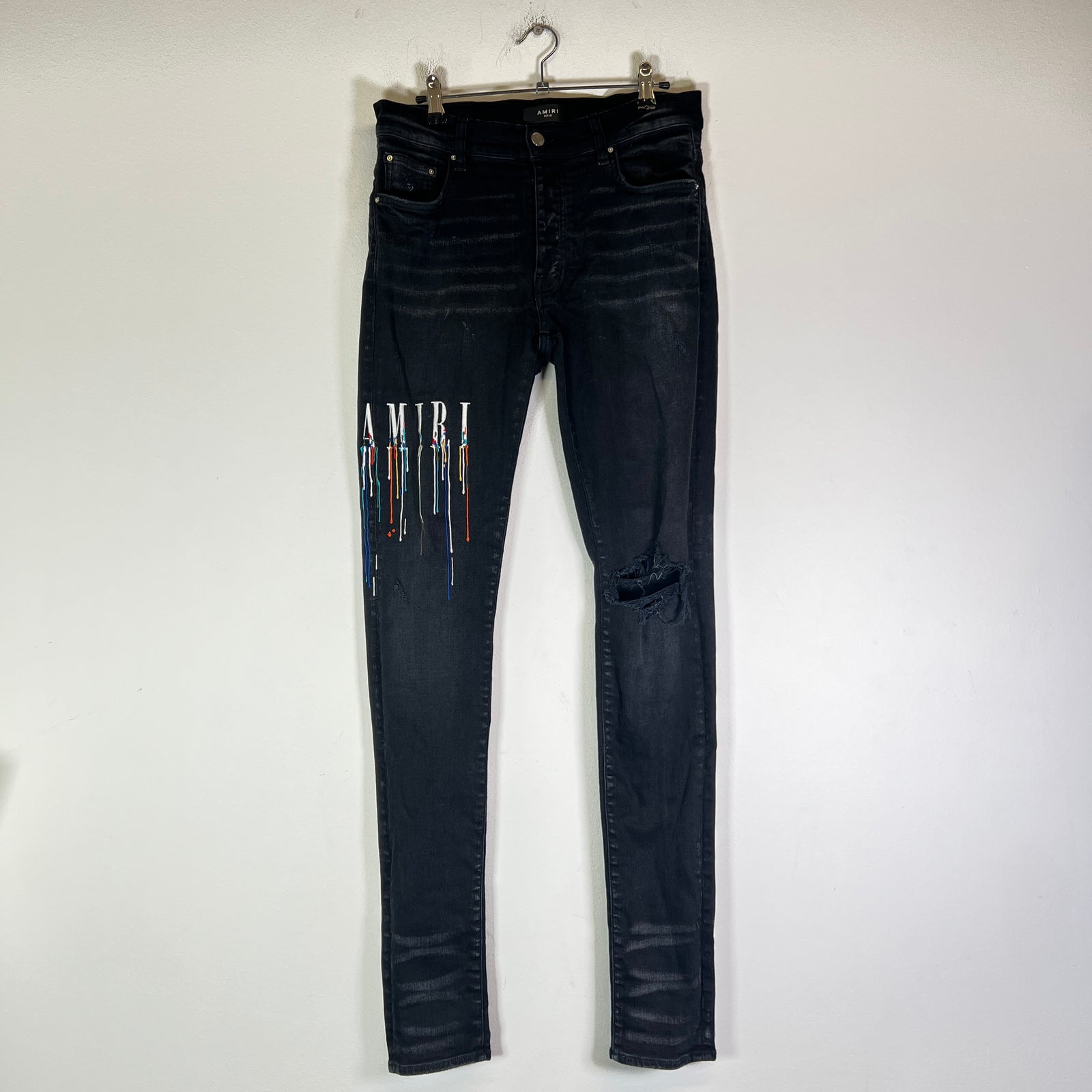 Amiri Black Paint Drip Logo Denim Jeans