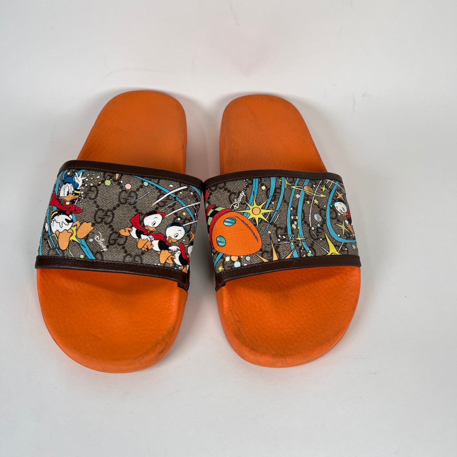 Gucci x Disney Orange GG Donald Duck Slides Size 10