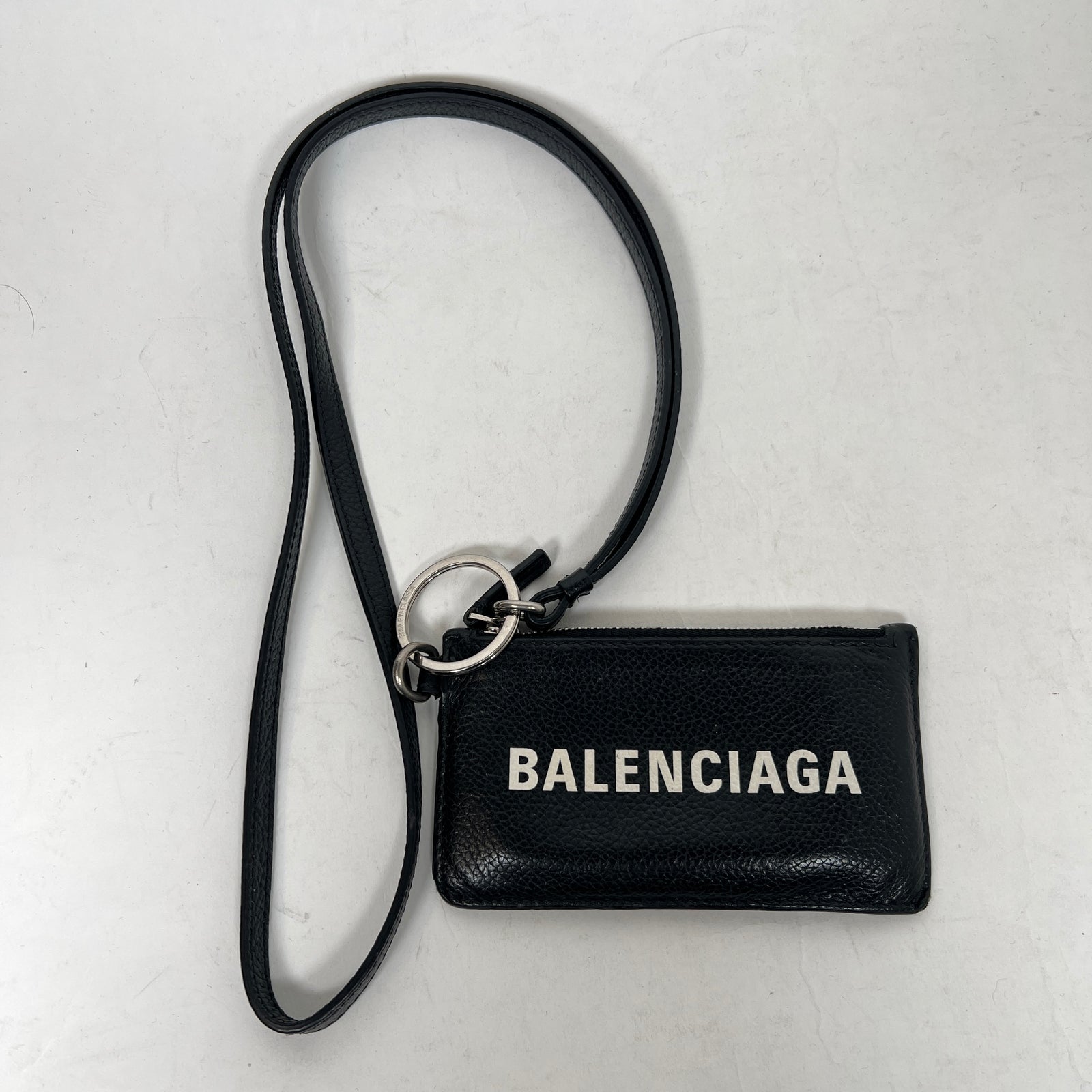 Balenciaga Black Leather Card Holder Lanyard
