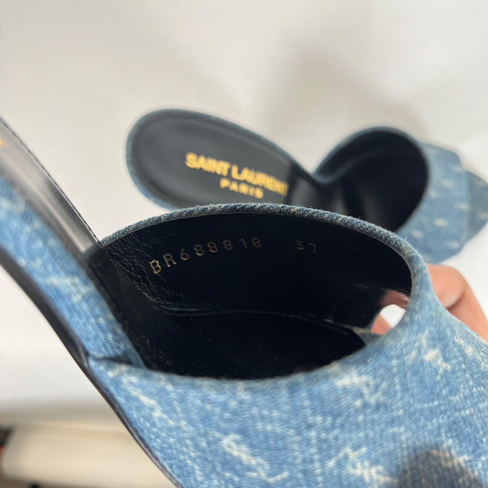 Saint Laurent La 16 Denim Logo Heels Size 37