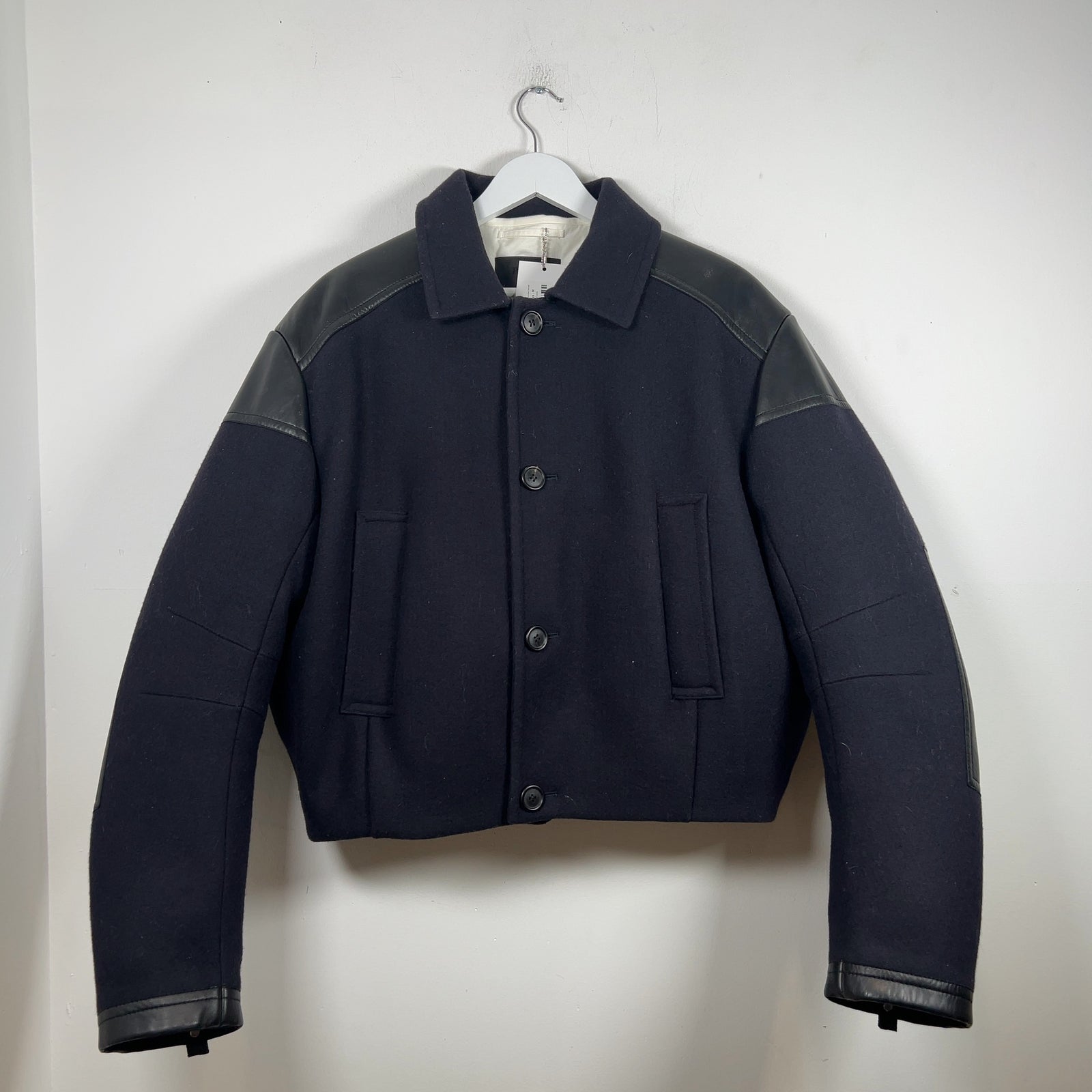 Prada Paneled Wool Down Lined Cropped Bomber Jacket