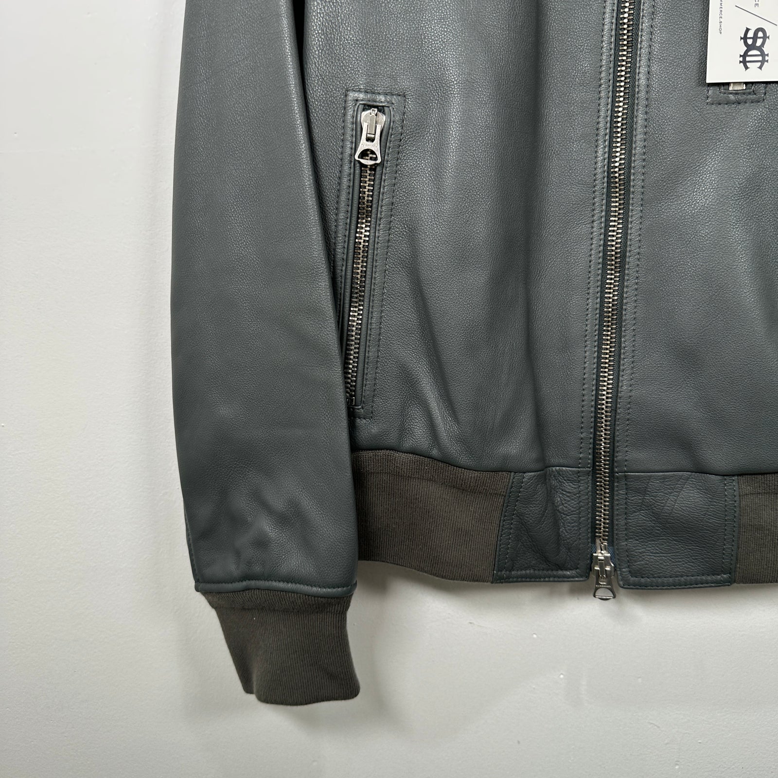 Burberry Dark Steel Leather Bomber Jacket Size 48