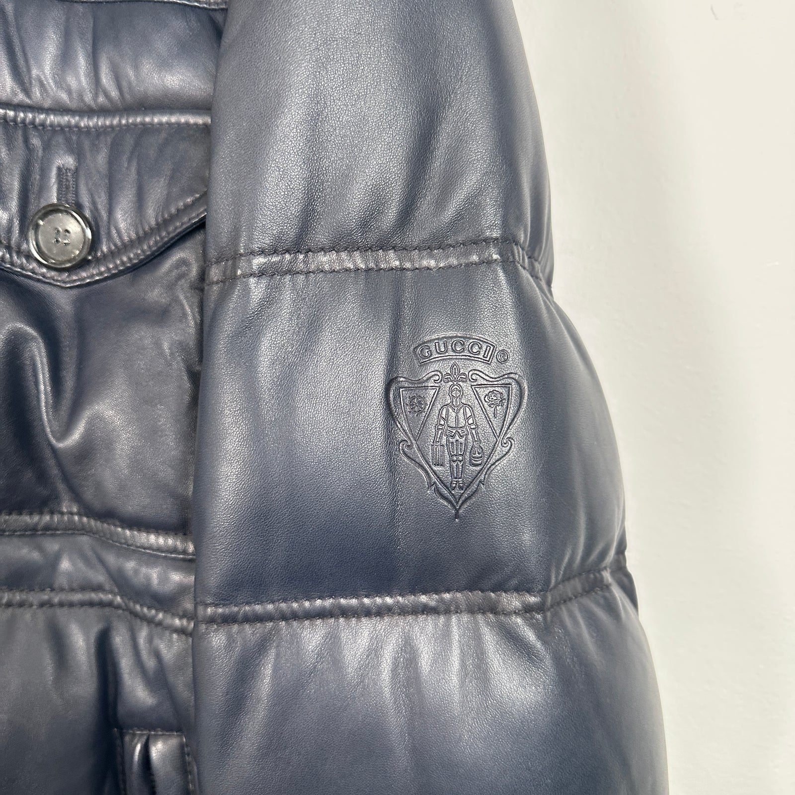 Gucci Vintage Navy Leather Puffer Jacket Size L