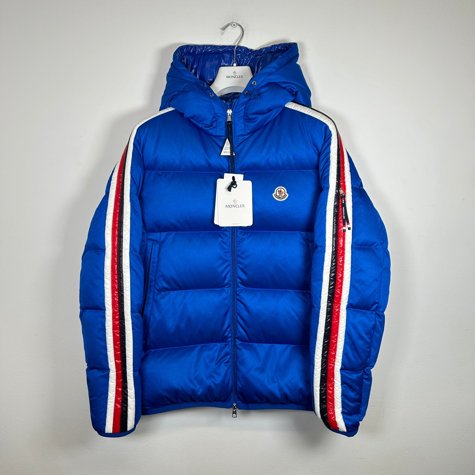 Moncler Blue Sanbesan Giubbotto Side Stripe Puffer Size XL