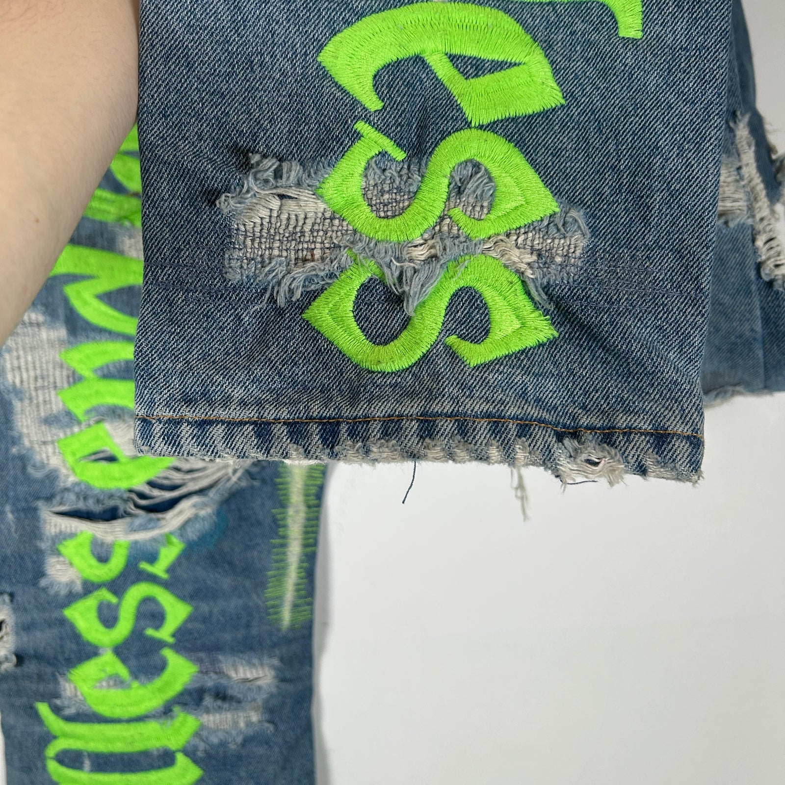 Endless Neon Green Embroidered Blue Denim Jeans Size 36