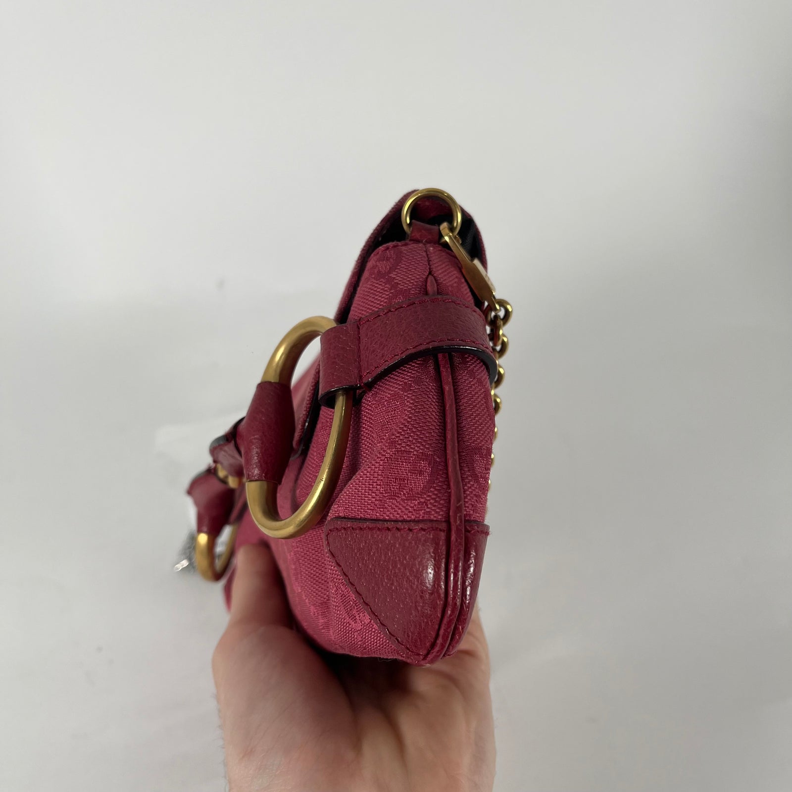 Gucci Guccissima Pink Canvas Horsebit Chain Clutch