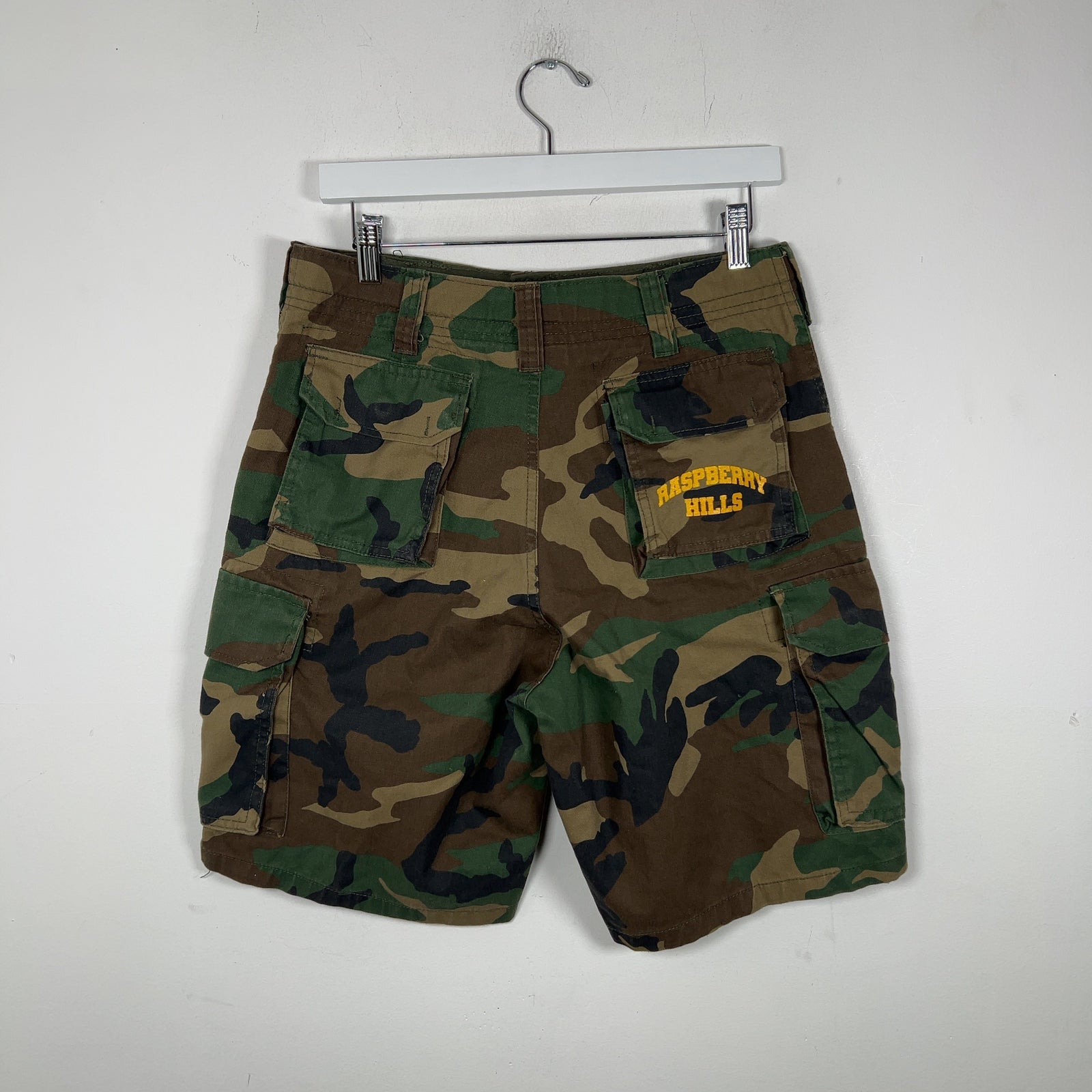 Raspberry Hills Spell Out Logo Camo Shorts