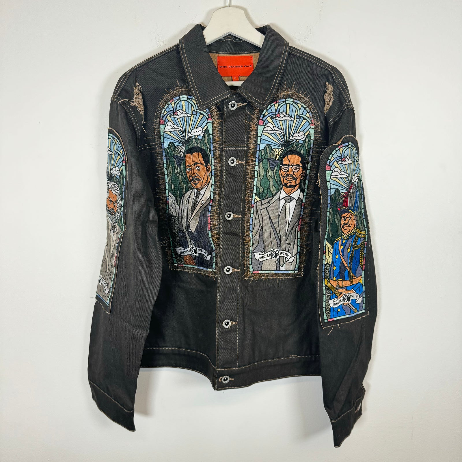 Who Decides War x Barriers NY Monument Embroidered Denim Jacket Size L