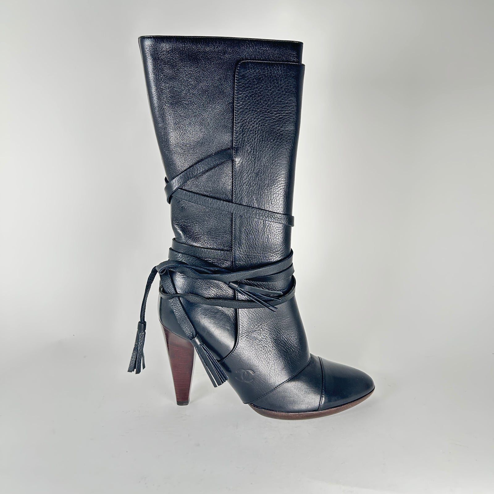 Chanel Black Leather Tassel Boots Size 39