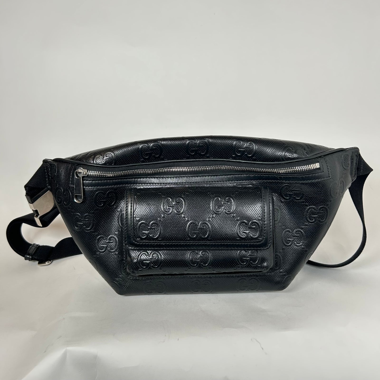 Gucci Black Jumbo GG Embossed Leather Belt Bag