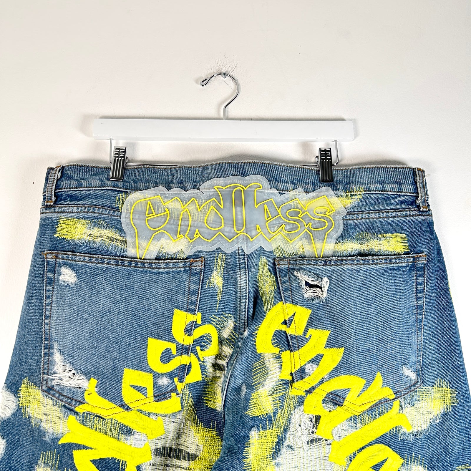 Endless Denim Distressed Scar Stitch Yellow Embroidery Jeans Size 40