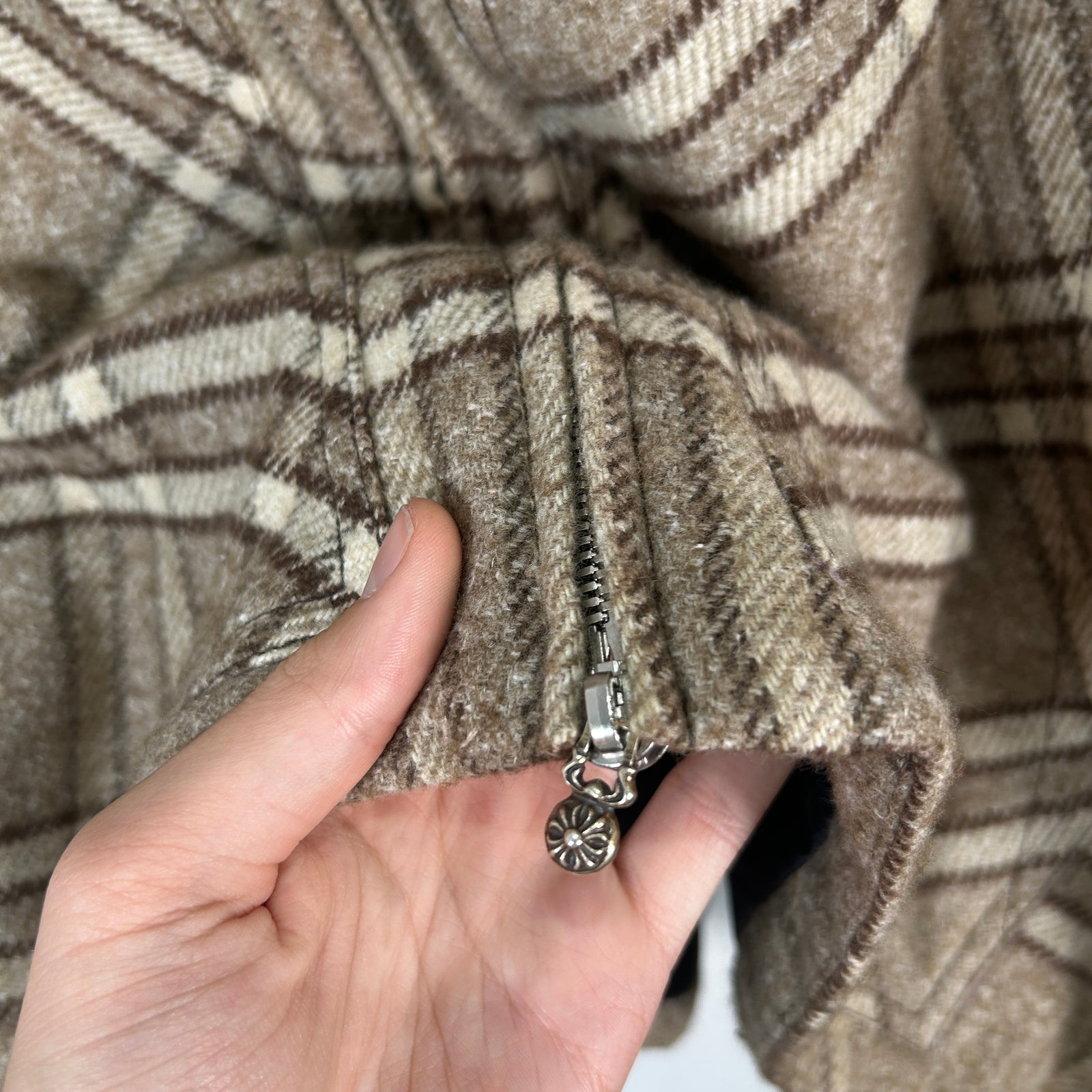 Chrome Hearts Beige & Brown Plaid Sherling Flannel Jacket Size XL