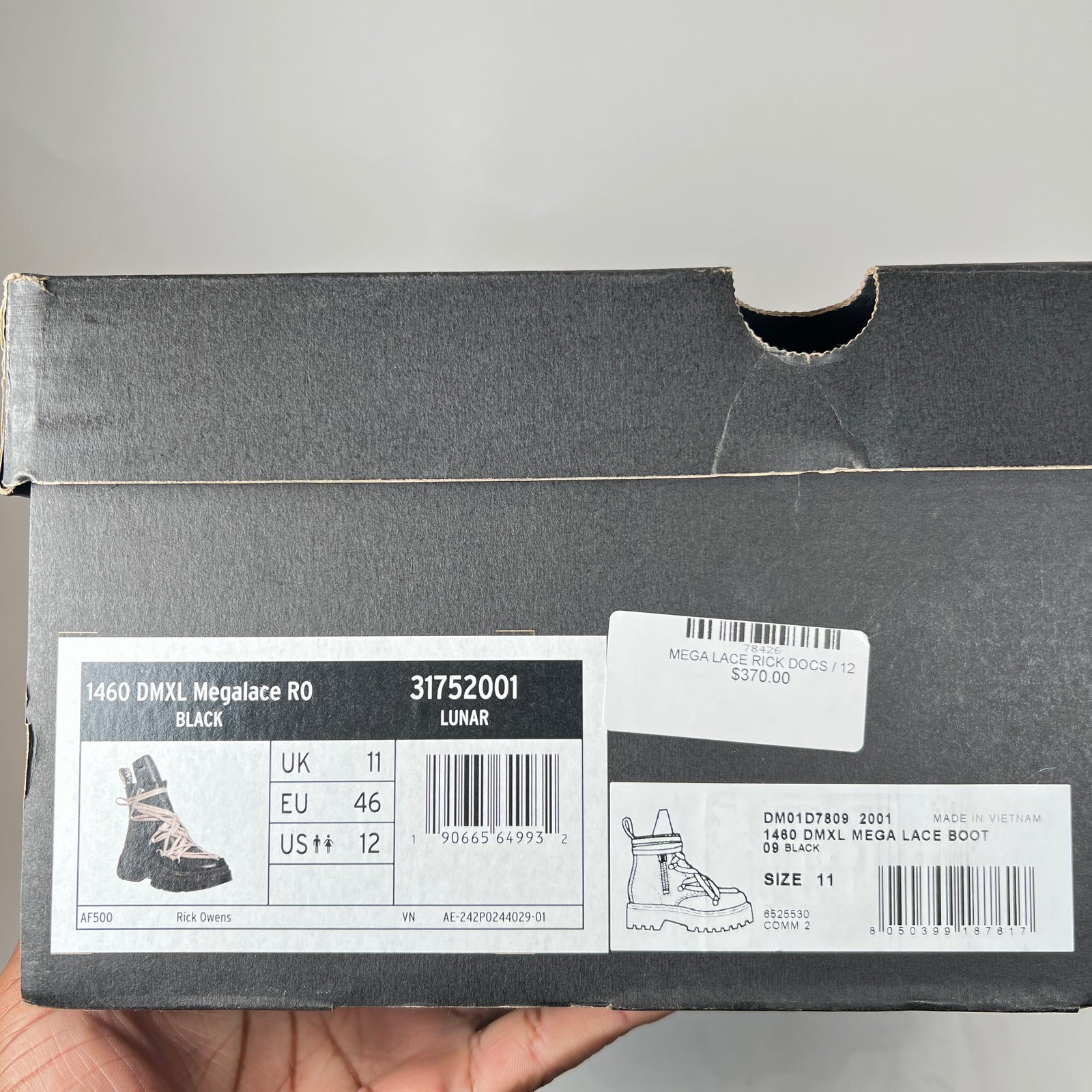 Rick Owens x Doc Marten's Black Megalace Pebbled Leather Boots Size 12
