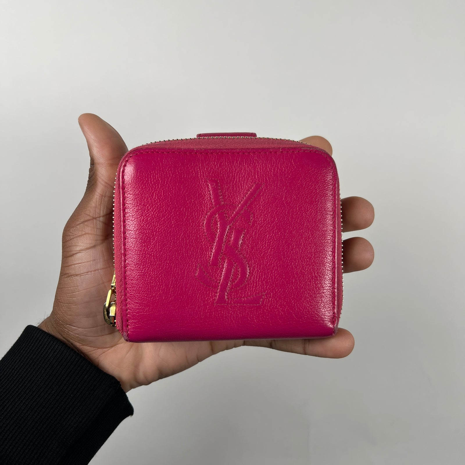 Yves Saint Laurent Pink Cassandra Embossed Round Zip Wallet