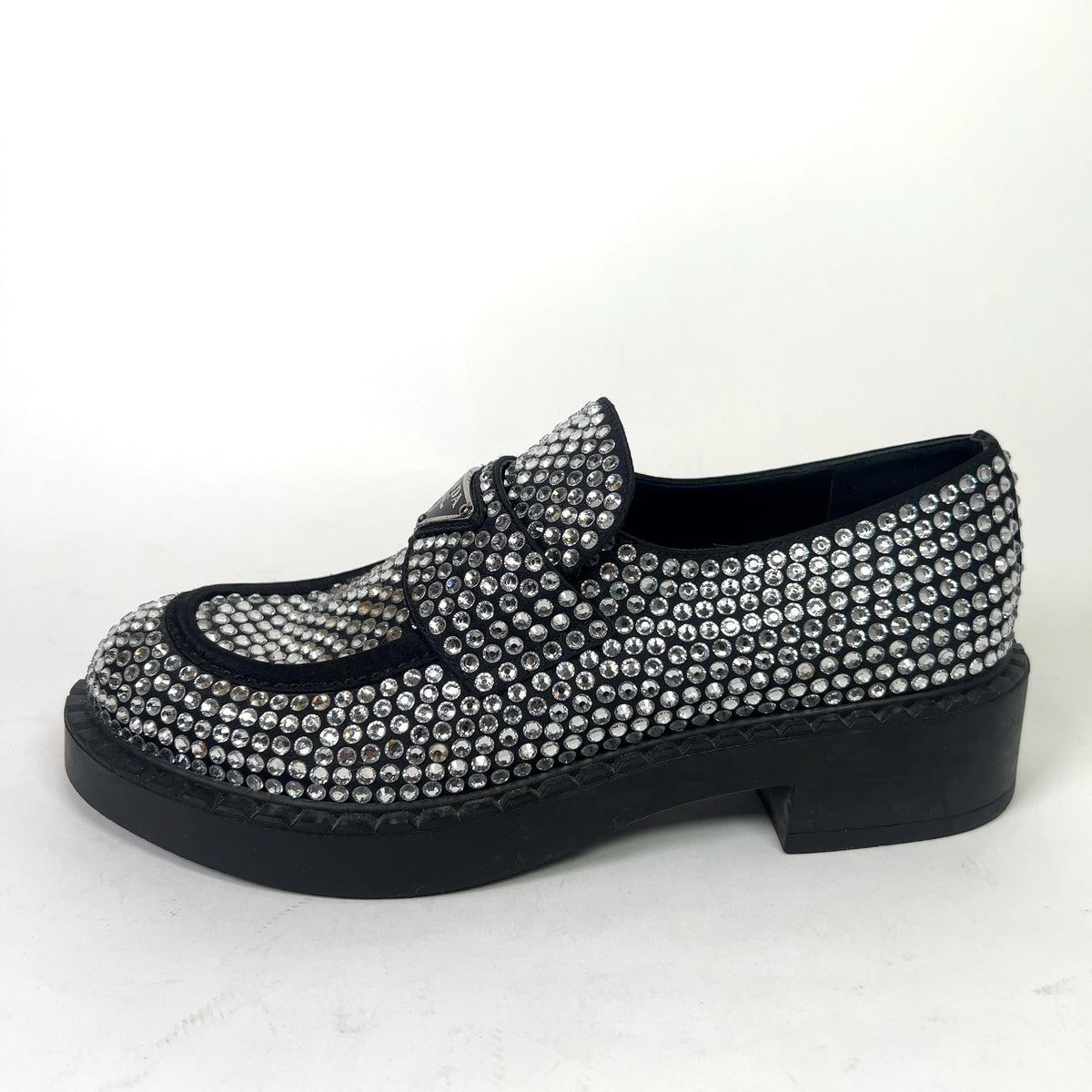 Prada Crystal Embellished Triangle Logo Loafers