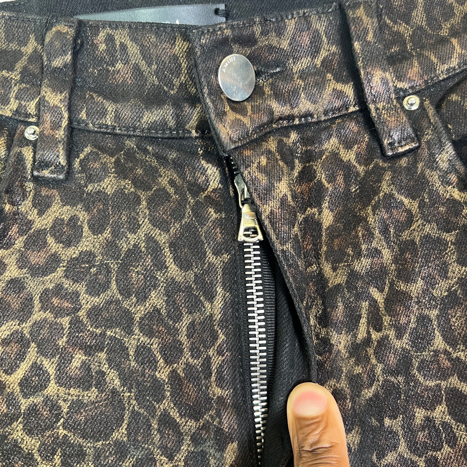 Amiri Broken Leopard Waxed Distressed Jeans