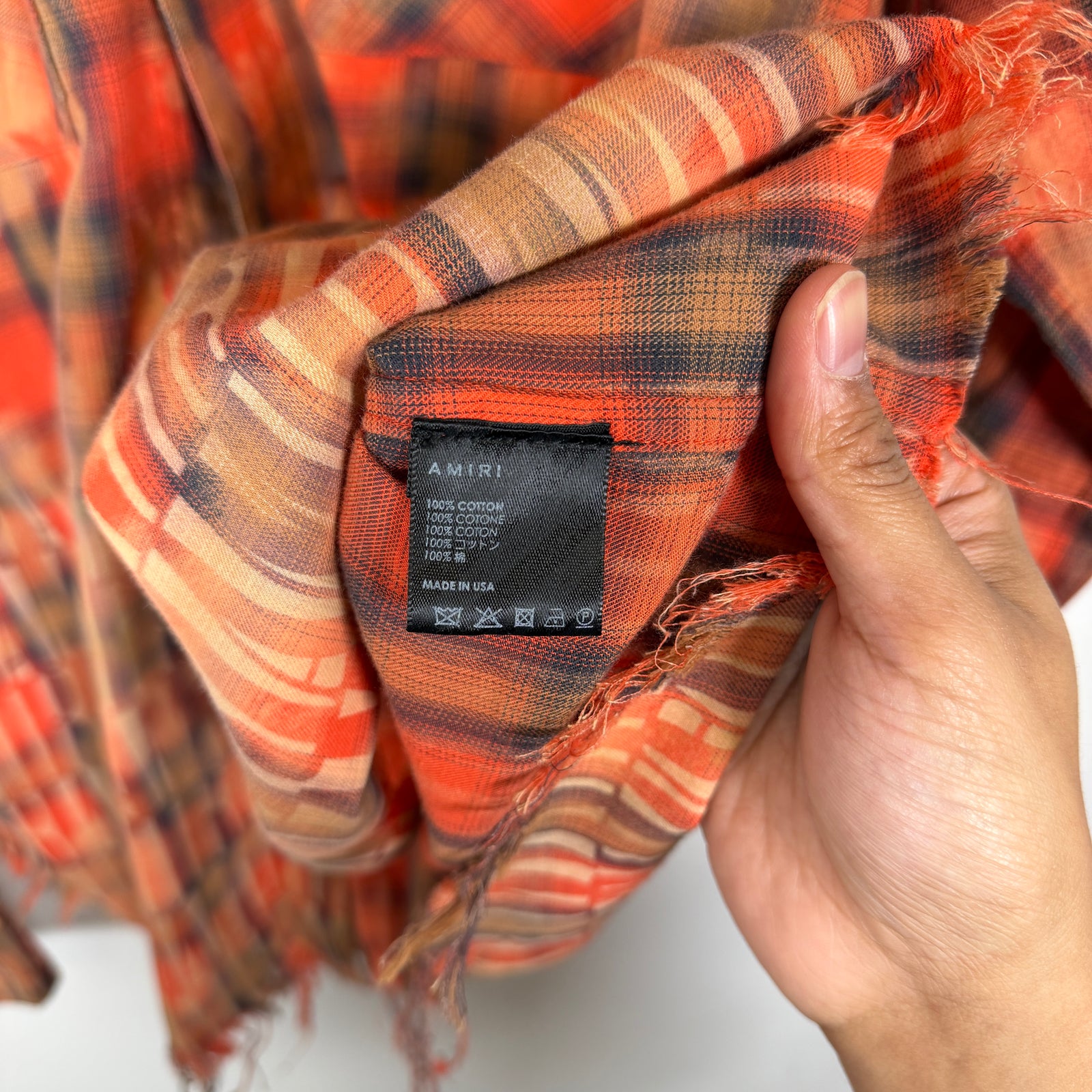 Amiri Orange Bleached Distressed Logo Flannel Shirt Size L