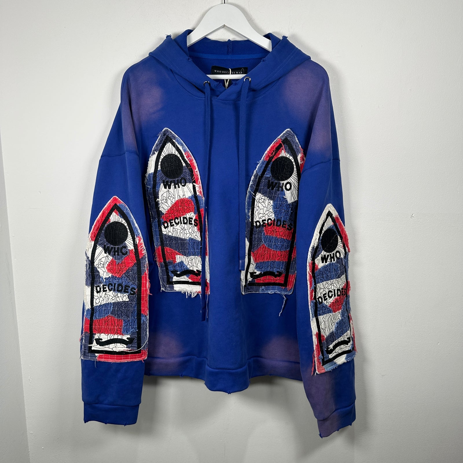 Who Decides War Stained Glasses Embroidered Blue Hoodie Size L