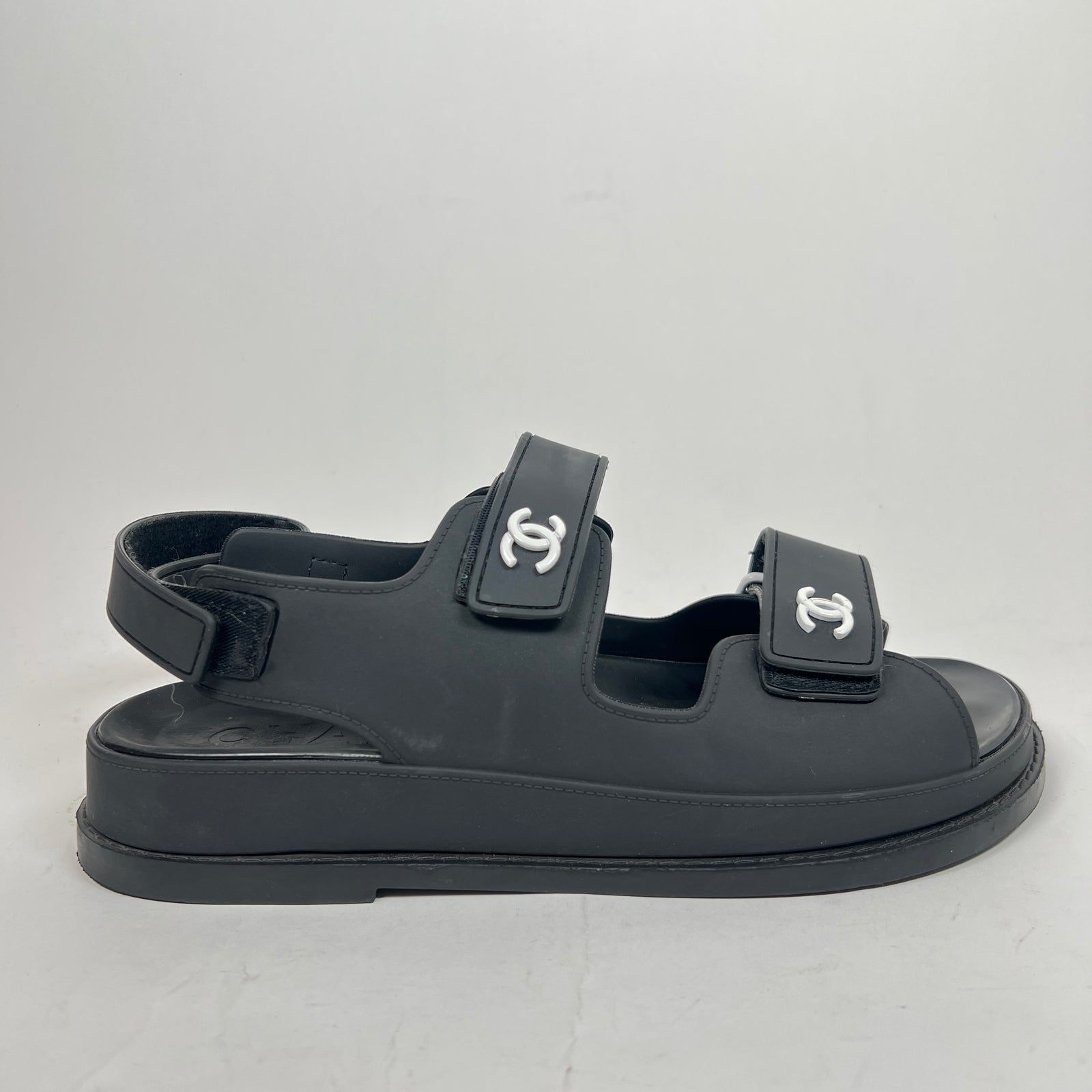 Chanel Black Rubber CC Dad Slingback Sandals Size 39